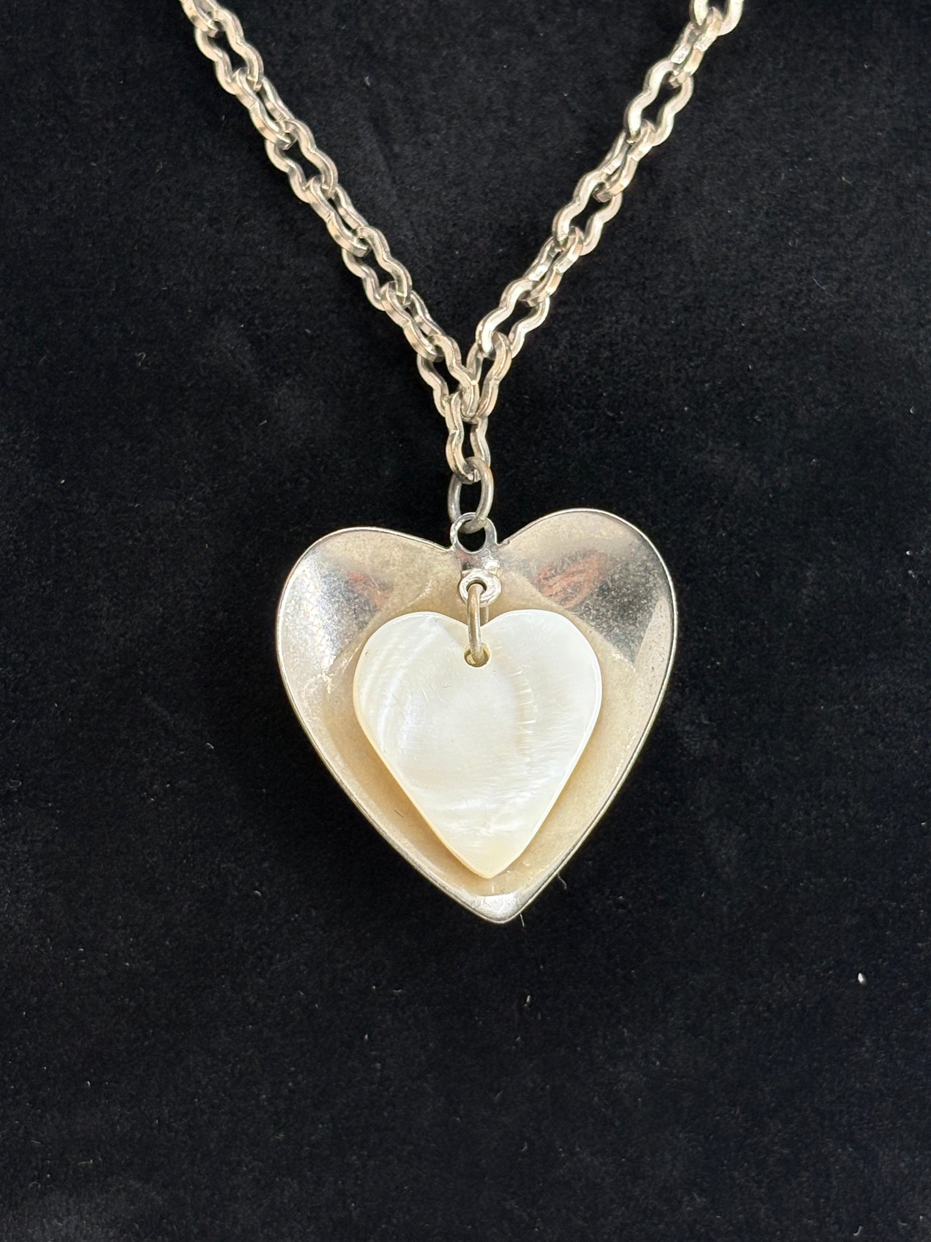 Vintage Style Necklace with White Stone Heart Pendant and Two Faux Pearls 9"