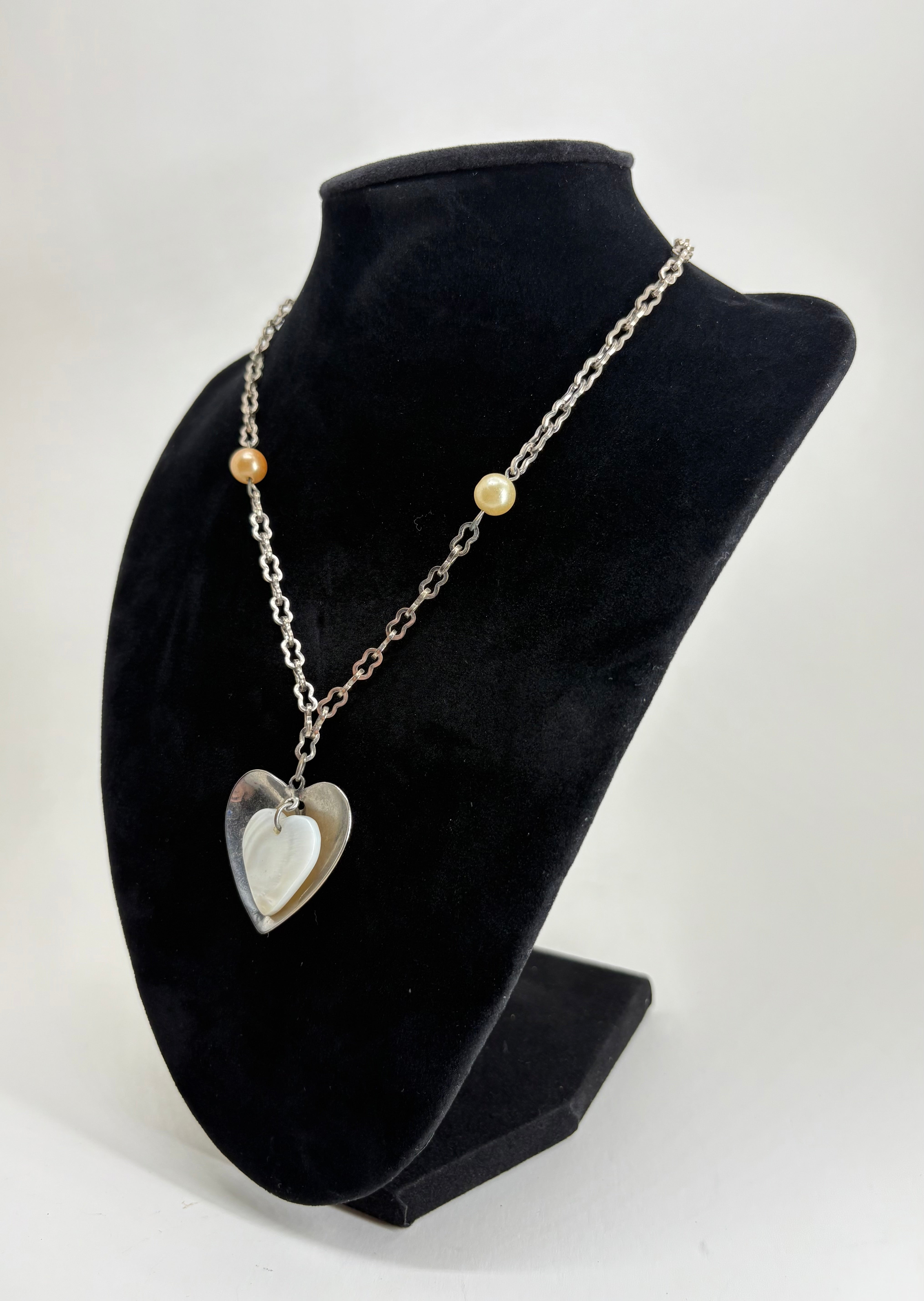 Vintage Style Necklace with White Stone Heart Pendant and Two Faux Pearls 9"