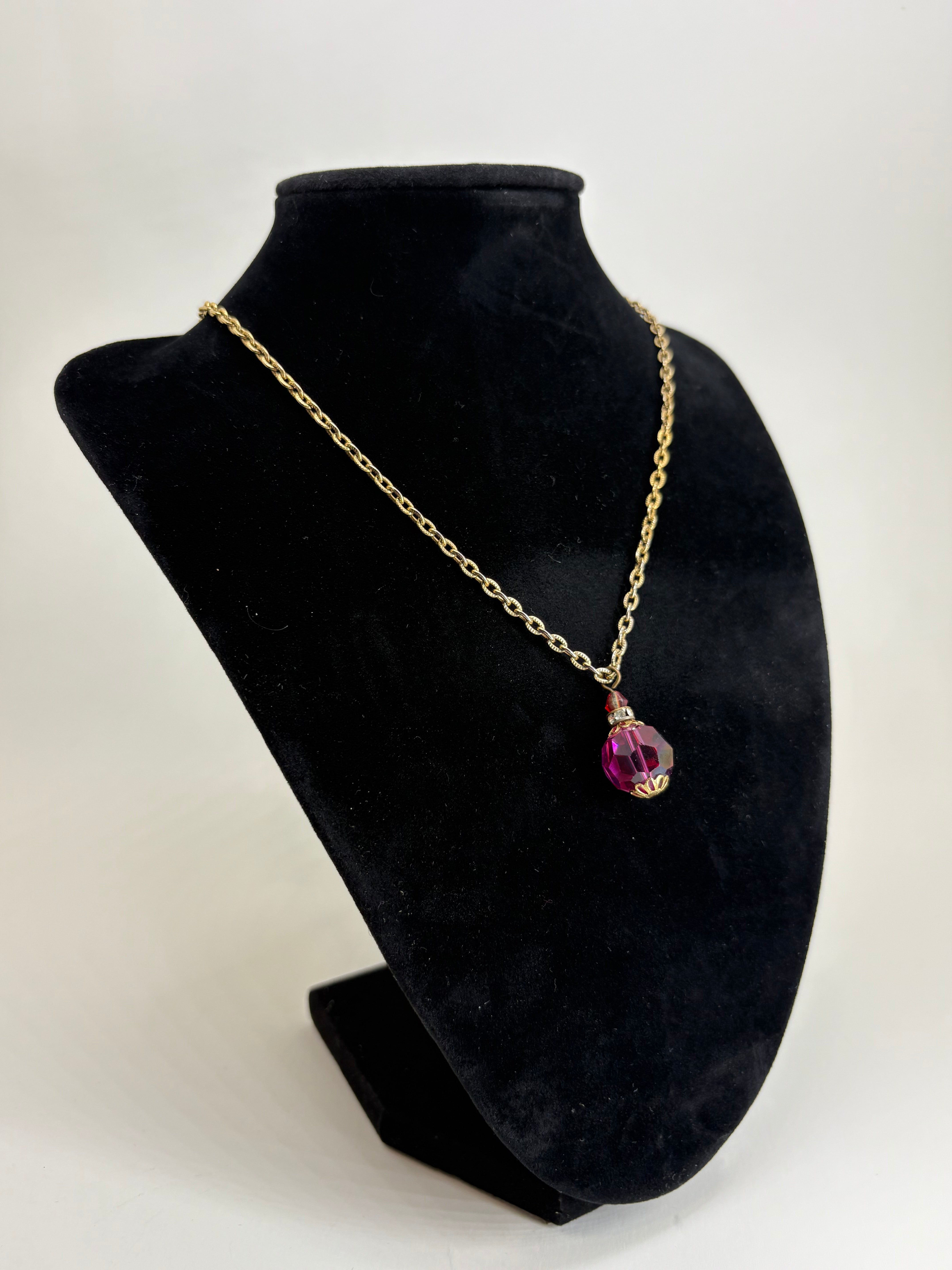 Vintage Gold Tone Necklace with Pink Glass Bead Pendant 13.5"