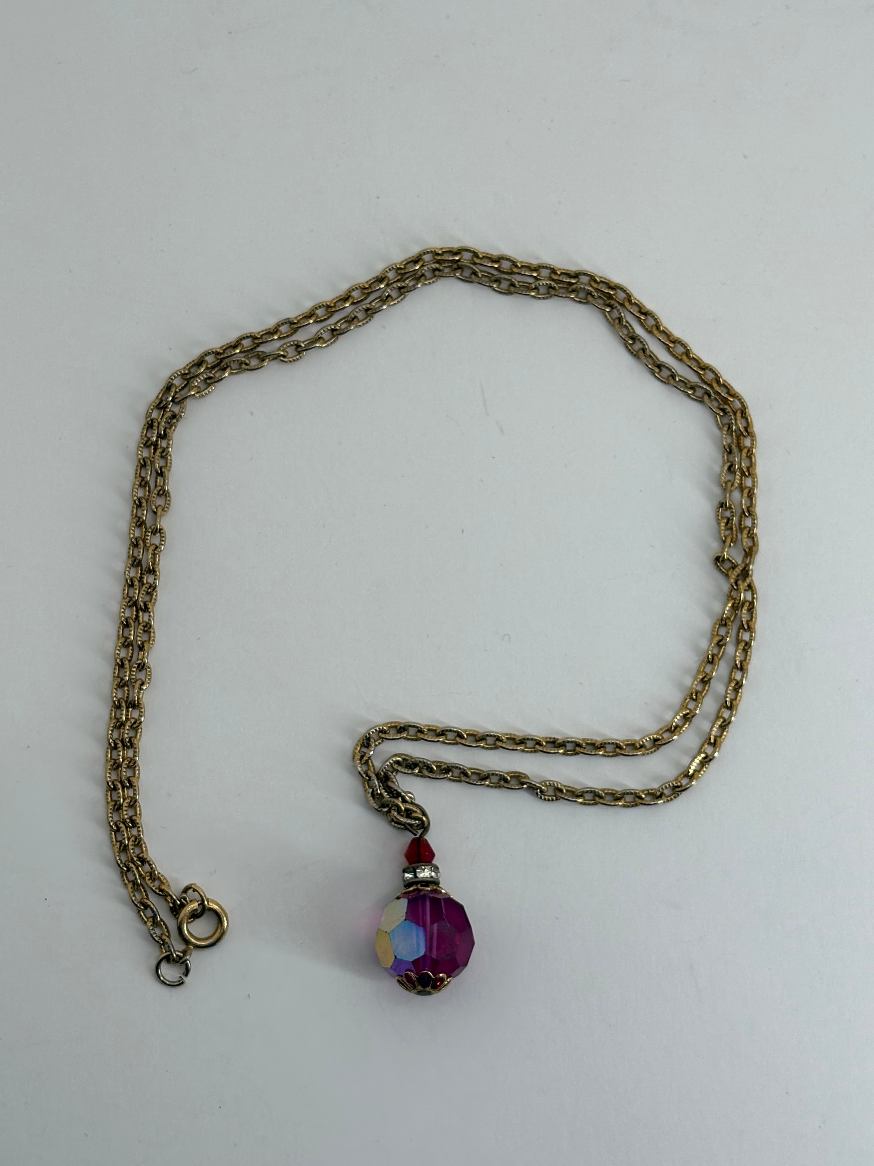 Vintage Gold Tone Necklace with Pink Glass Bead Pendant 13.5"