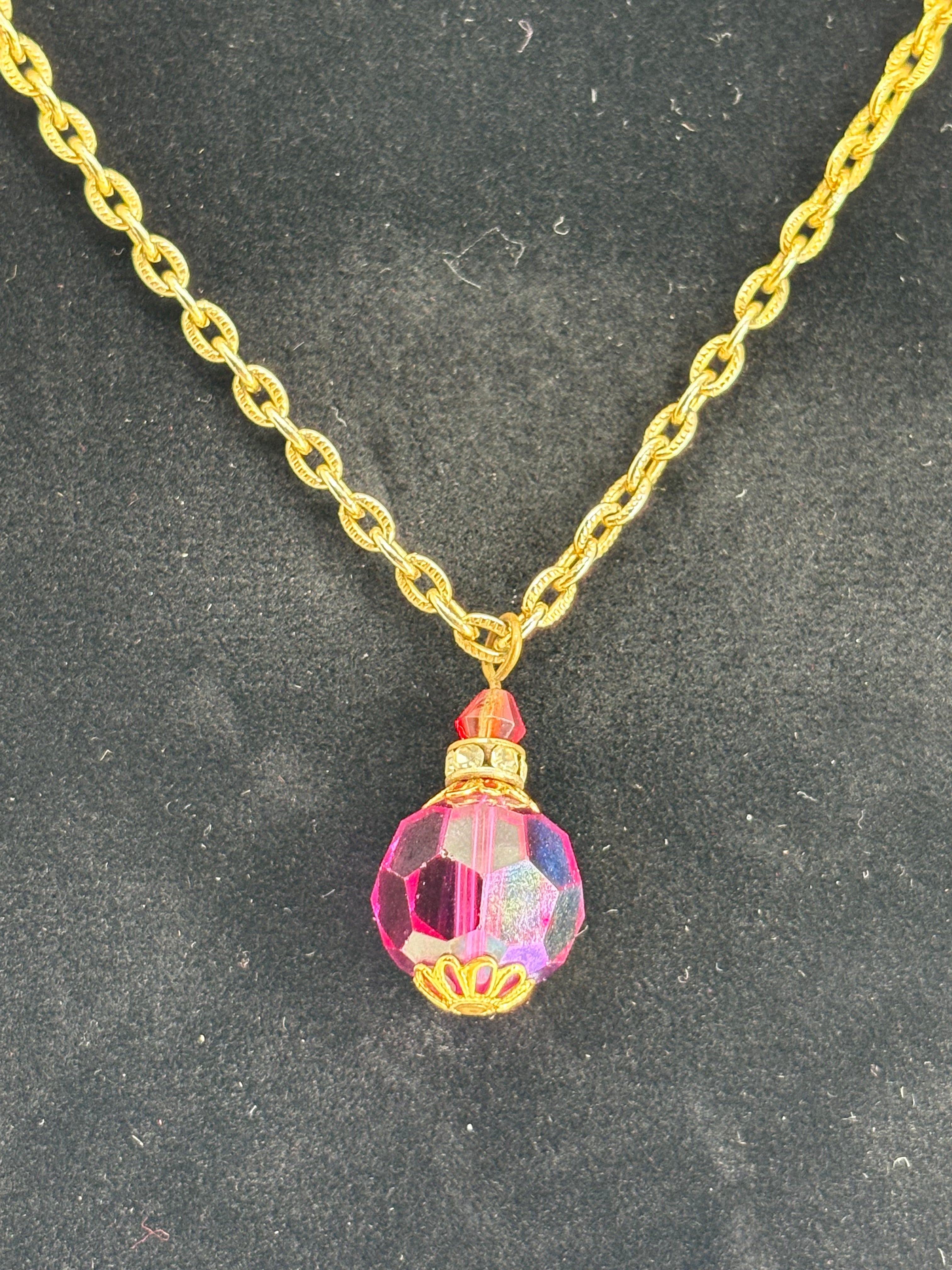 Vintage Gold Tone Necklace with Pink Glass Bead Pendant 13.5"