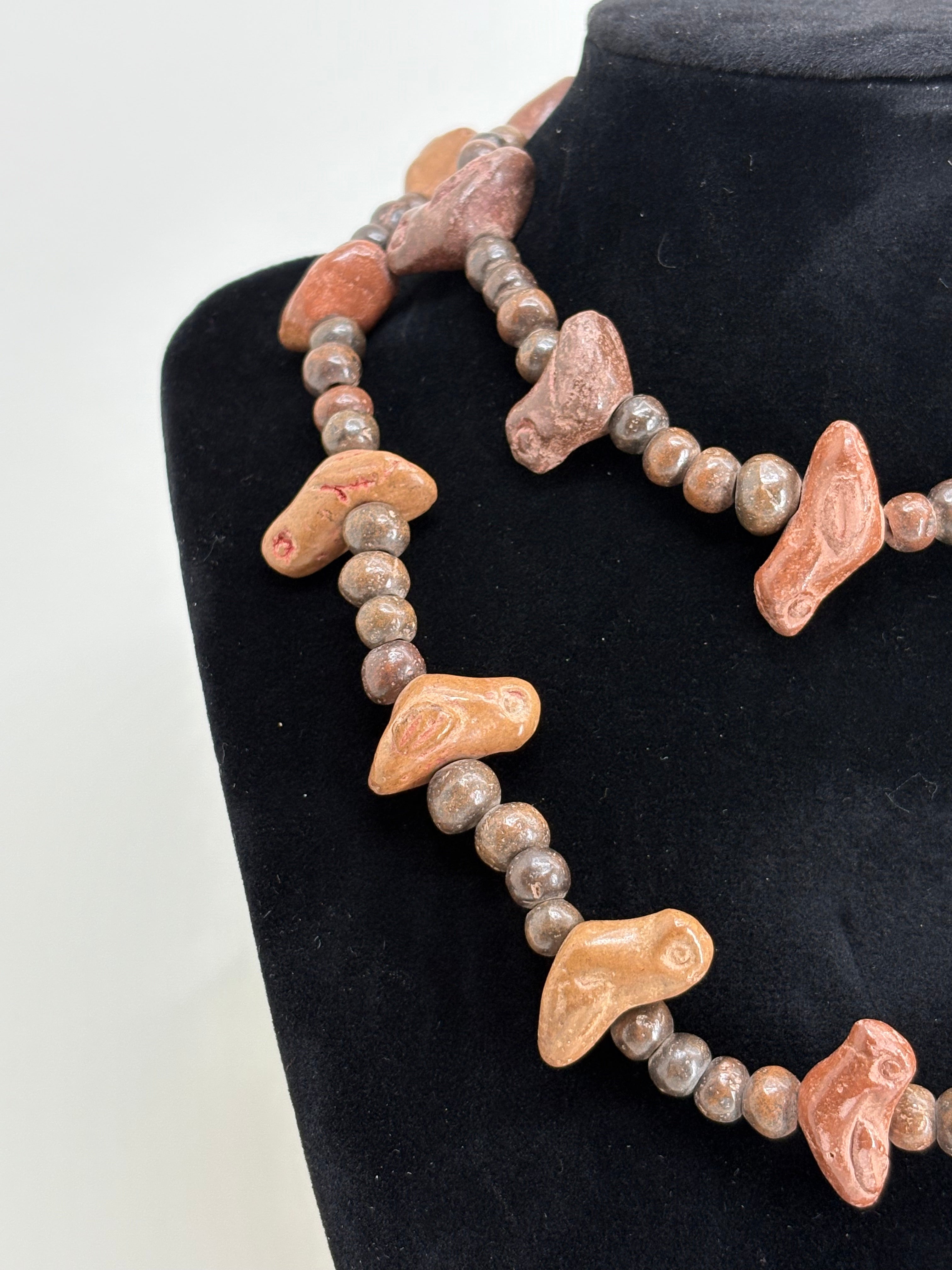 Antique Ancient African Handmade/ Hand Carved Wooden Bird Beaded Necklace 13.5"