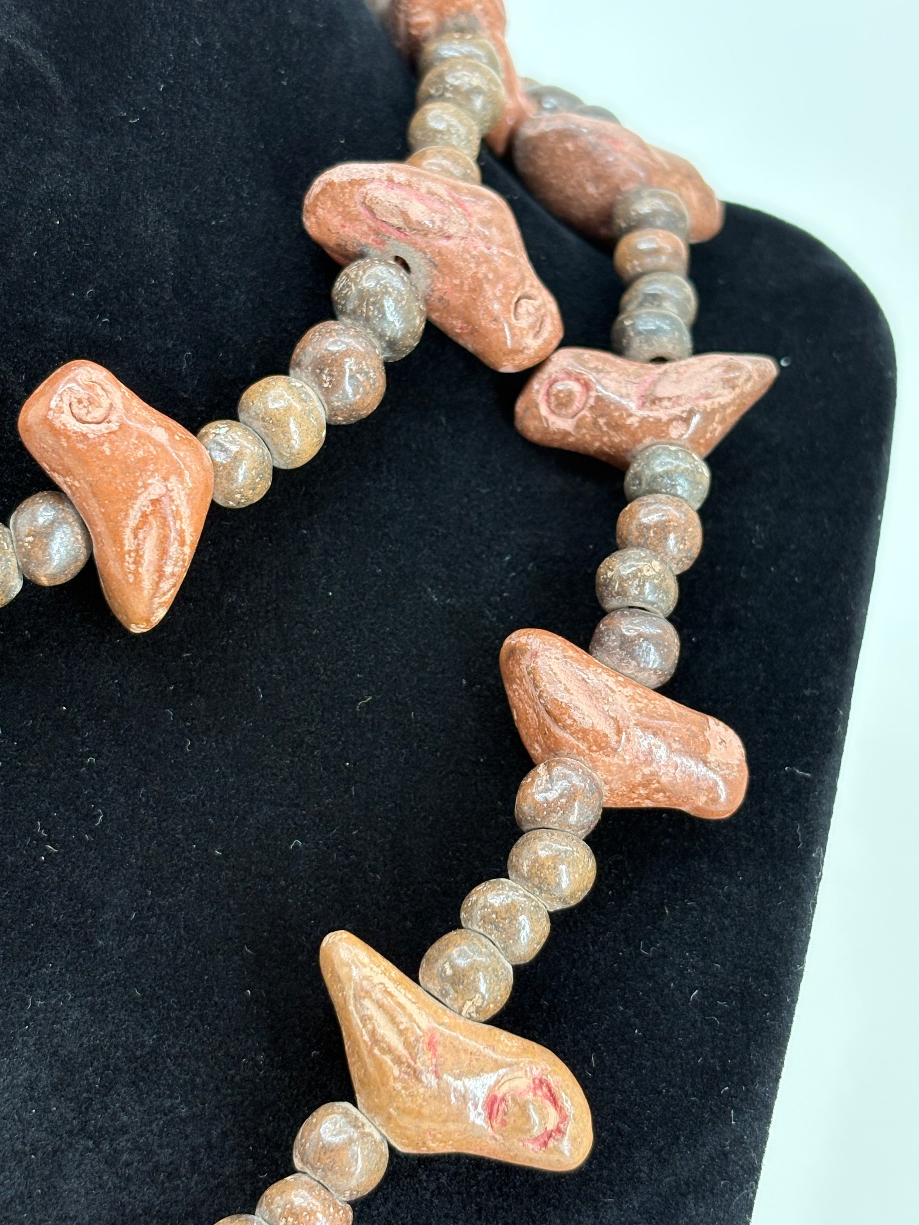 Antique Ancient African Handmade/ Hand Carved Wooden Bird Beaded Necklace 13.5"