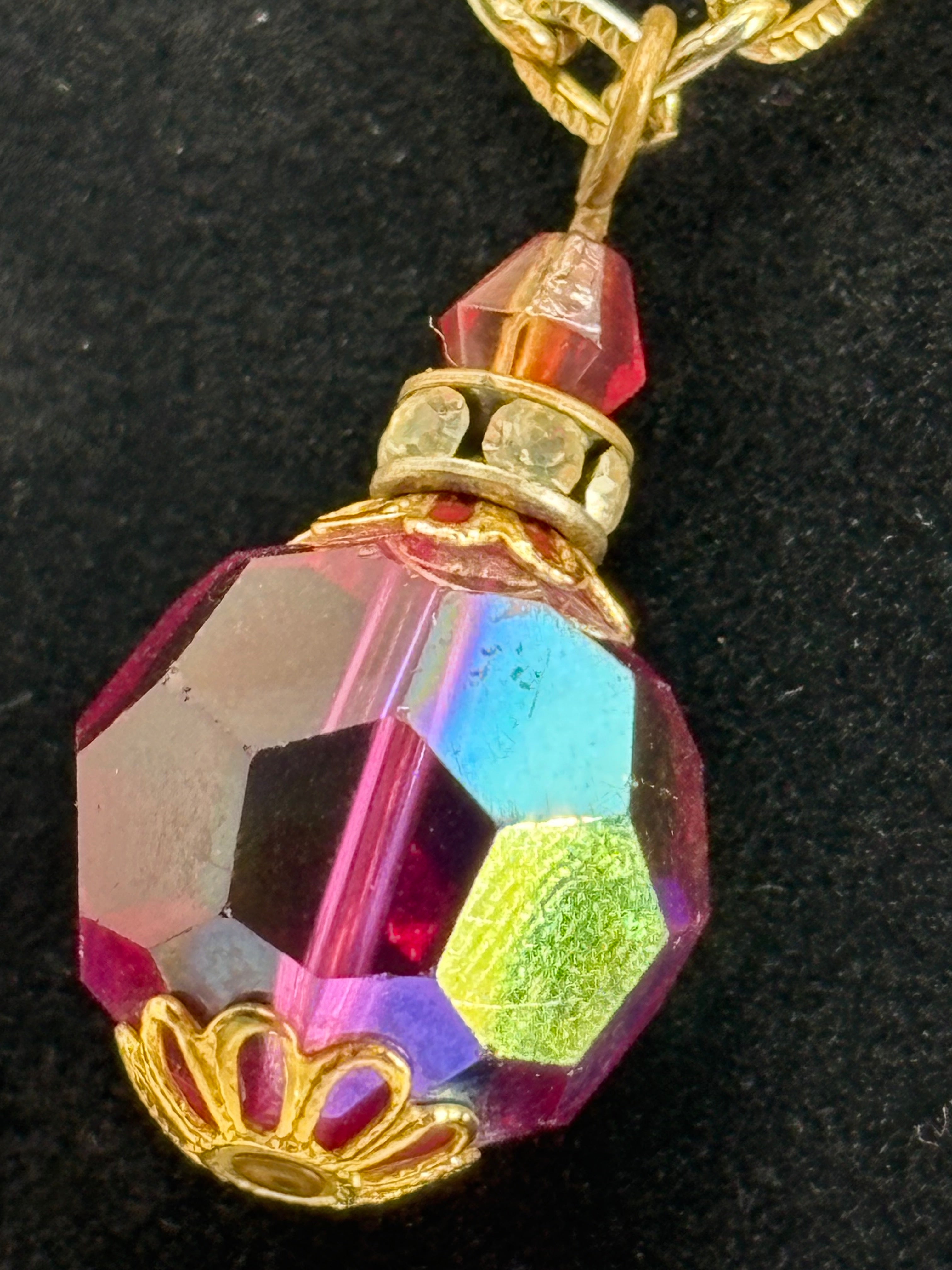 Vintage Gold Tone Necklace with Pink Glass Bead Pendant 13.5"