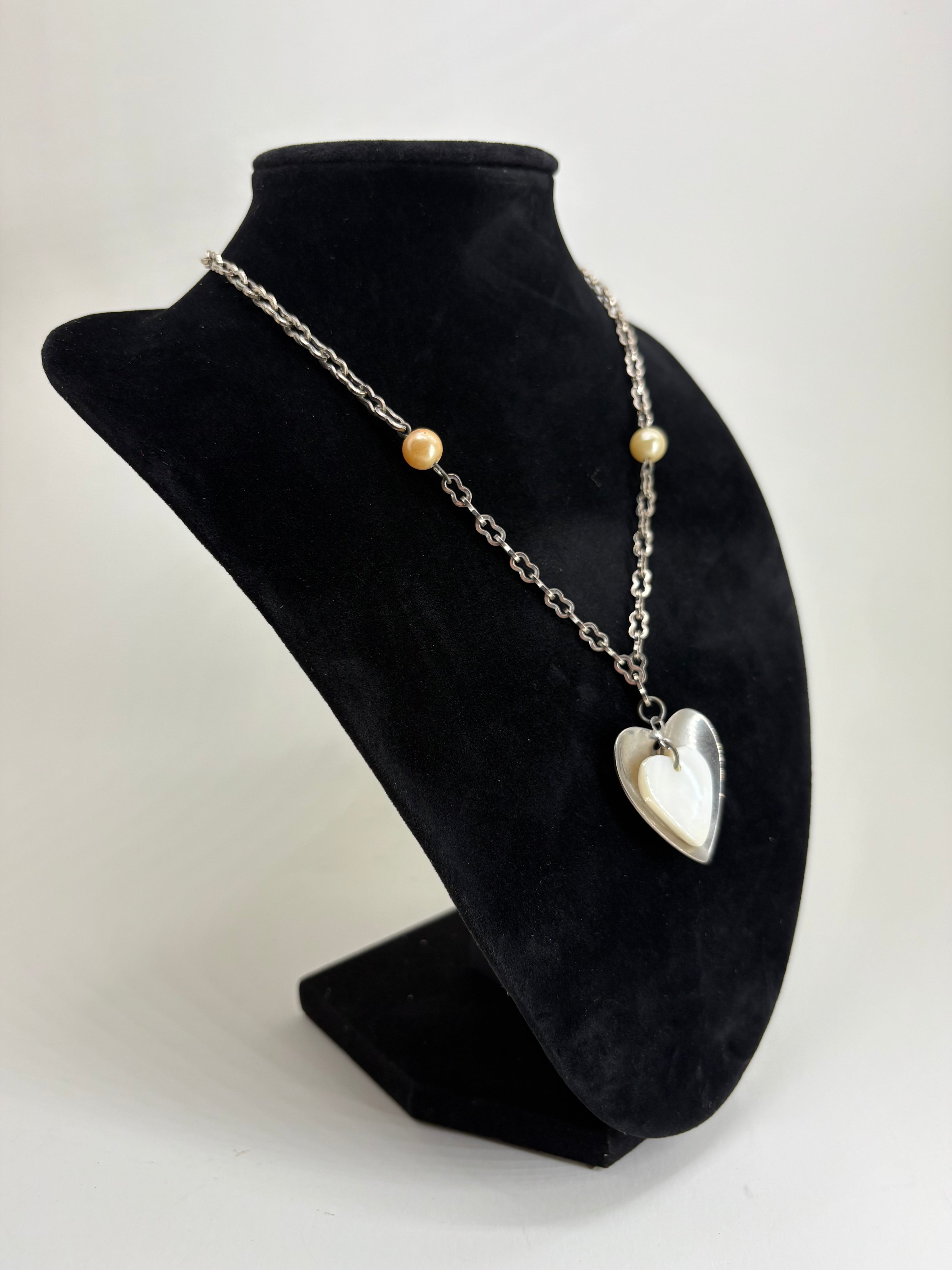 Vintage Style Necklace with White Stone Heart Pendant and Two Faux Pearls 9"
