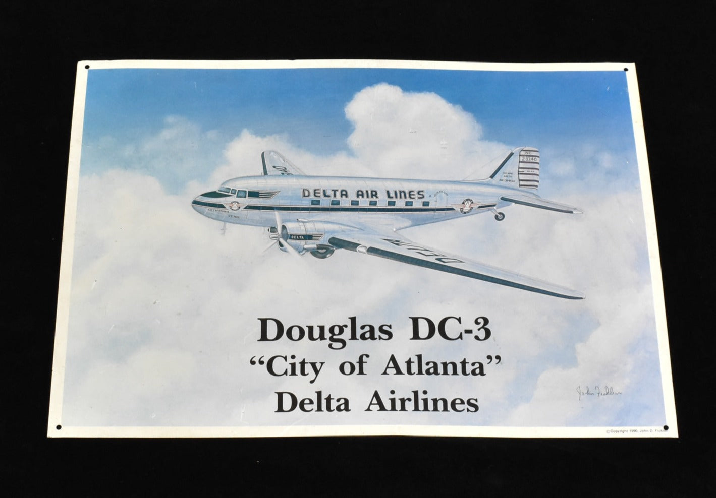 John D Ficklen Tin Metal Sign Douglas DC-3 City of Atlanta Delta Airlines Used