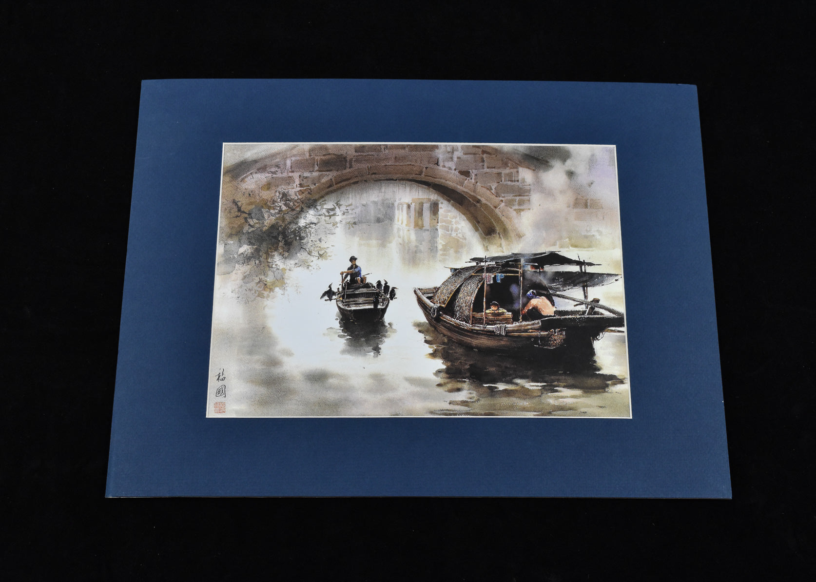 Asian River Way Bridge Artwork Matte Blue 8x11 Signed NO Frame