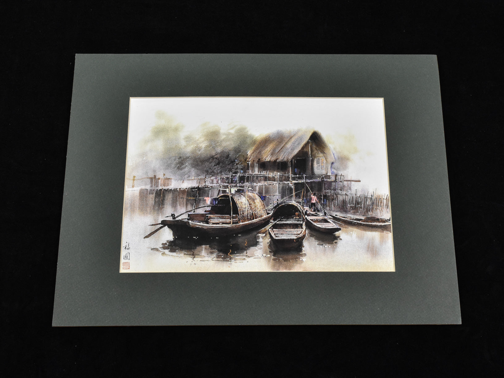 Asian Village Artwork Matte Green 8x11 Print Signed