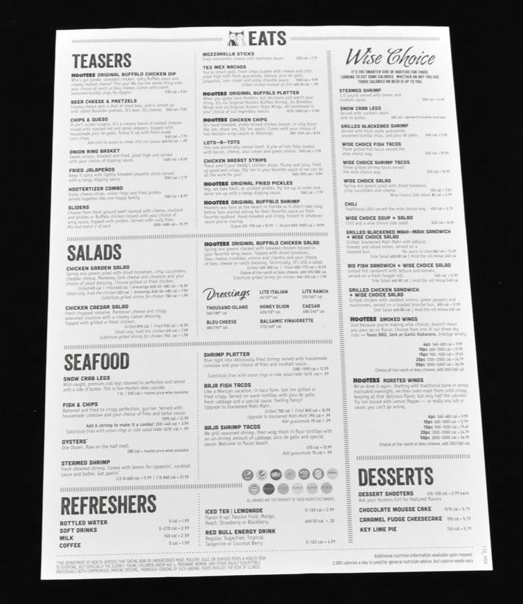 Hooters 2020 Covid Menu Authentic Print Used Non Framed