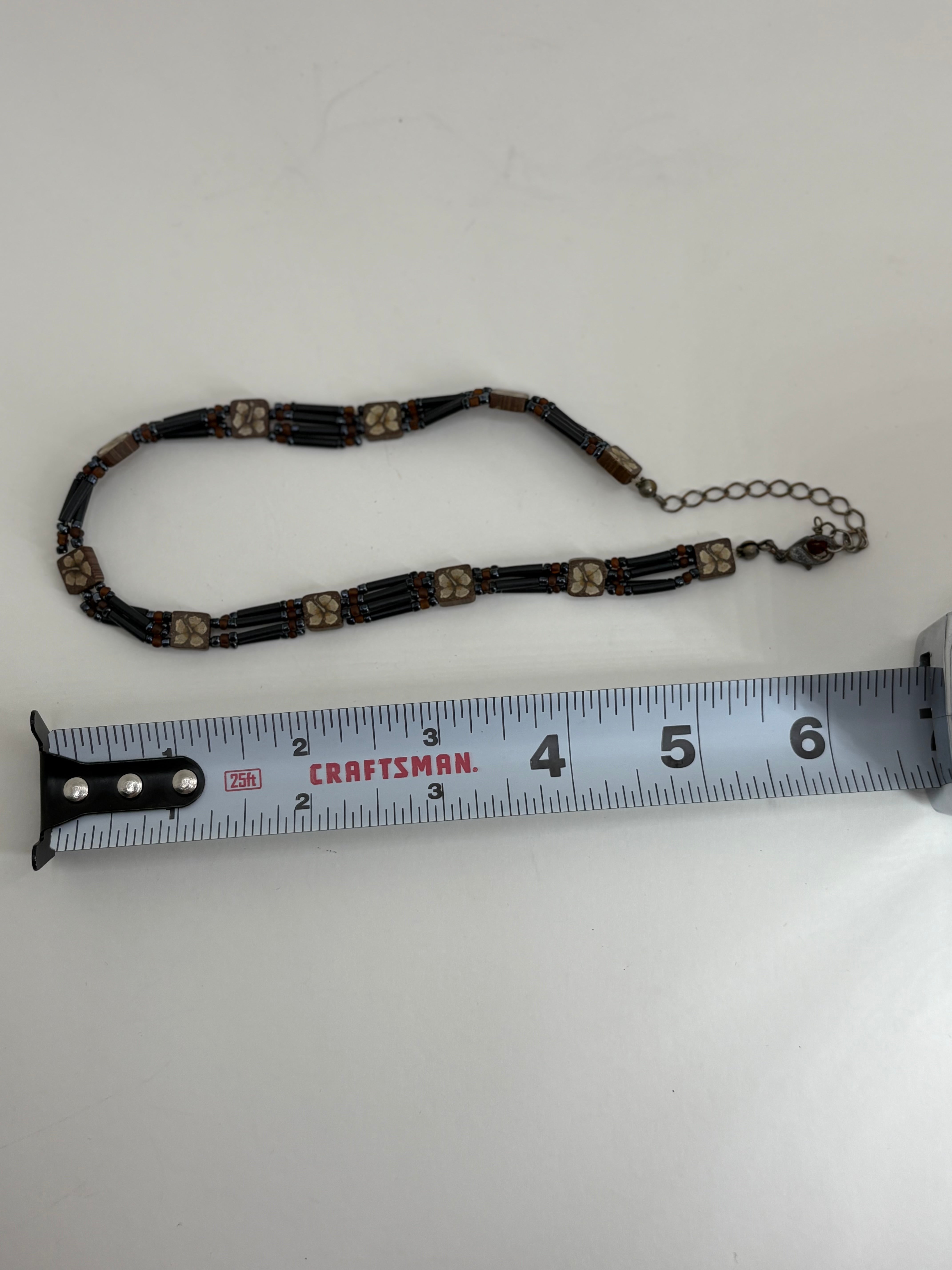 Boho Wooden Beaded Necklace with Hibiscus Flowers 6.5"