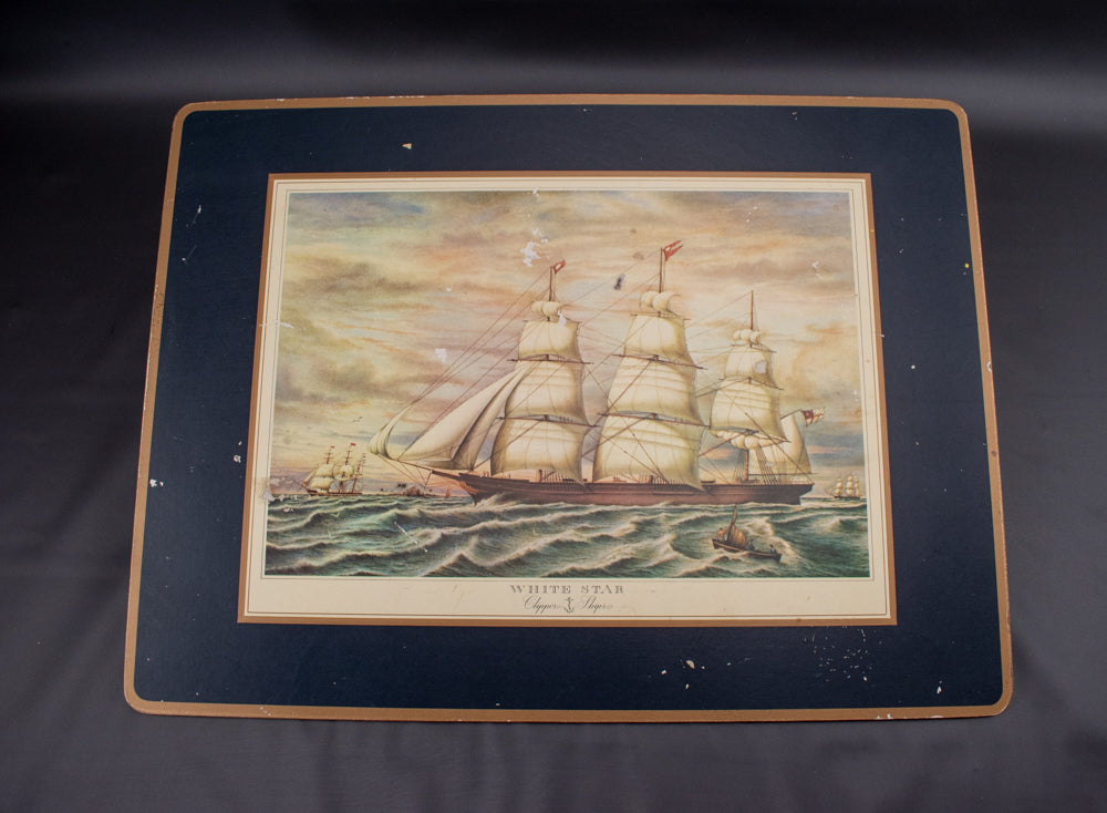 Ship Print On Wood White Star Clipper Ships Blue Gold Acrylic Placemat
