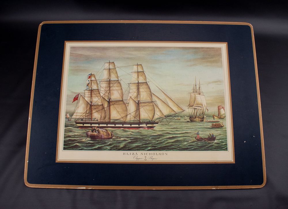 Ship Print On Wood Eliza Nicholson Clipper Ships Blue Gold Acrylic Placemat