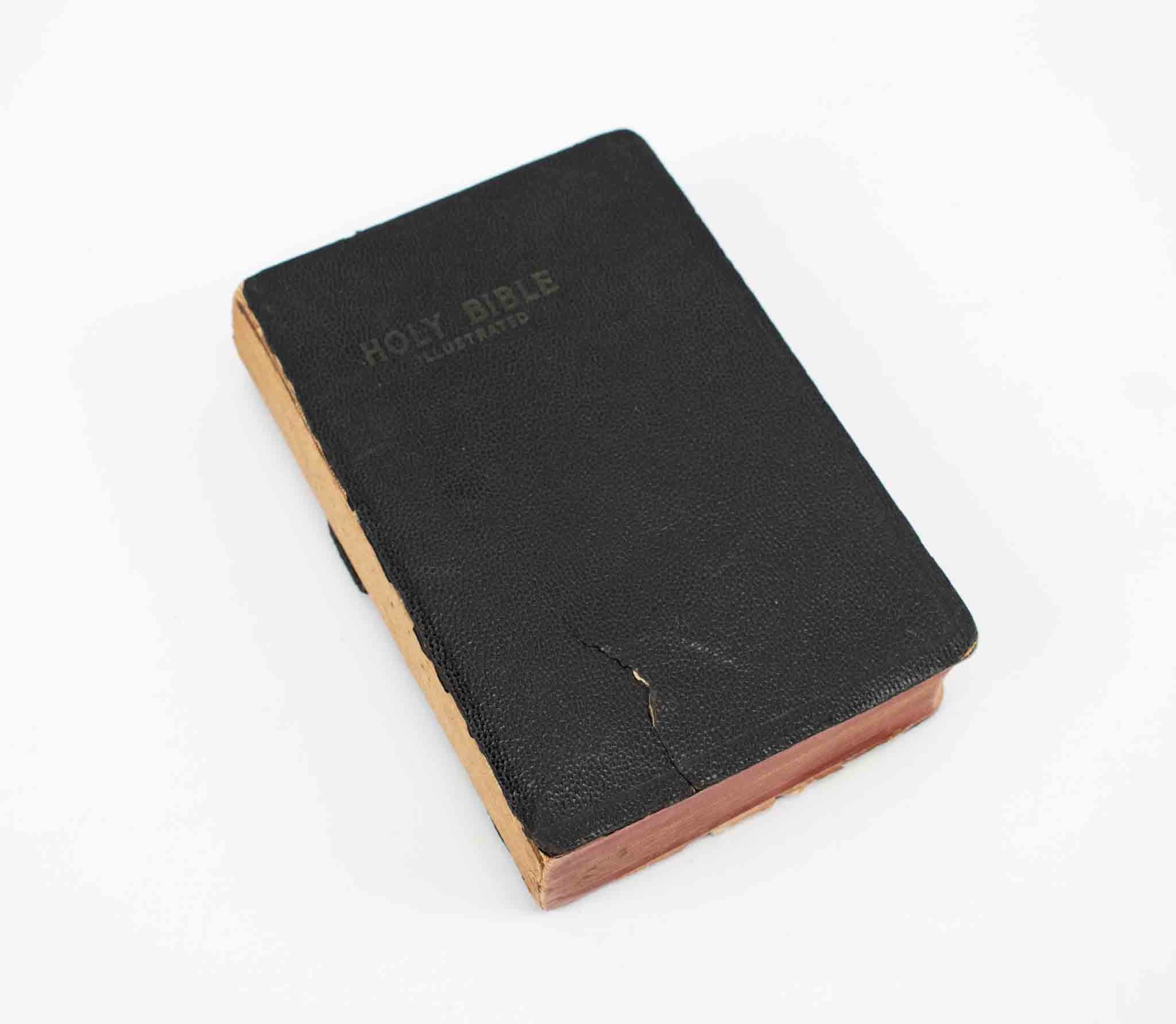 Old Bible Illustrated Soft Cover Bible 4x6 Black Book Used Mid Century