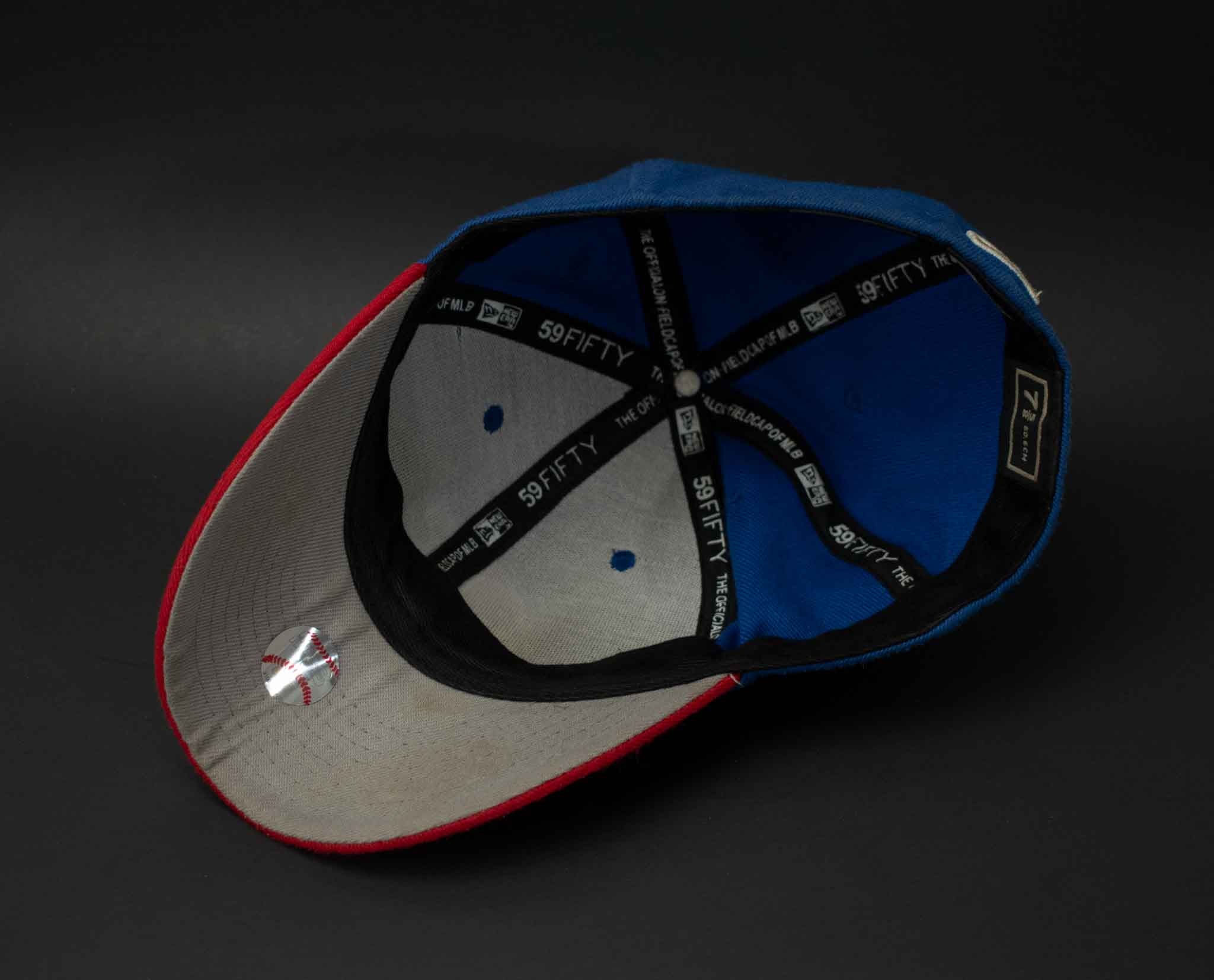 Mens Fitted Hat Flat Bill Cap Chicago Cubs Red Blue MLB FITTED USED 7 5/8