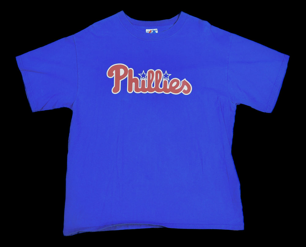 Phillies Mens T-Shirt XL Majestic MLB Baseball T-Shirt Blue Used Authentic