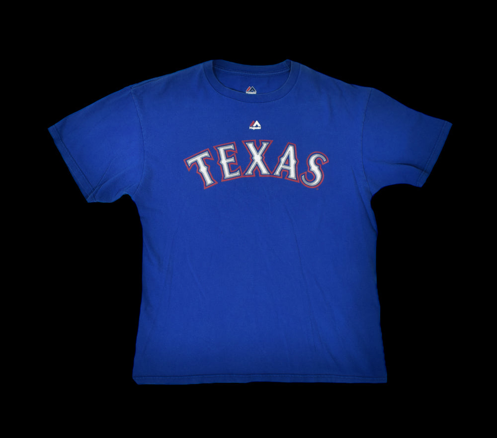 Majestic Texas Rangers Baseball T-Shirt Mens Large used Blue MLB Vintage