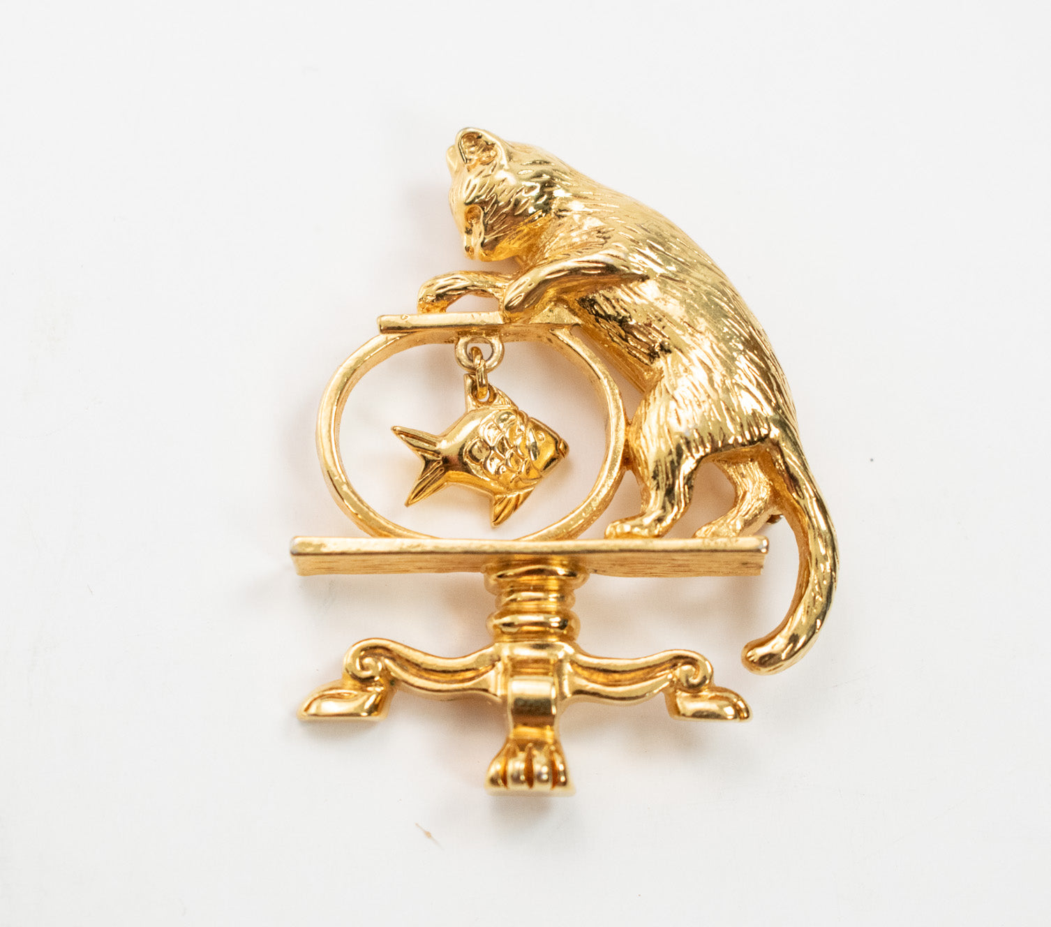 Brooch Pin Vintage Cat and Fish Bowl Gold 2In Pin Used