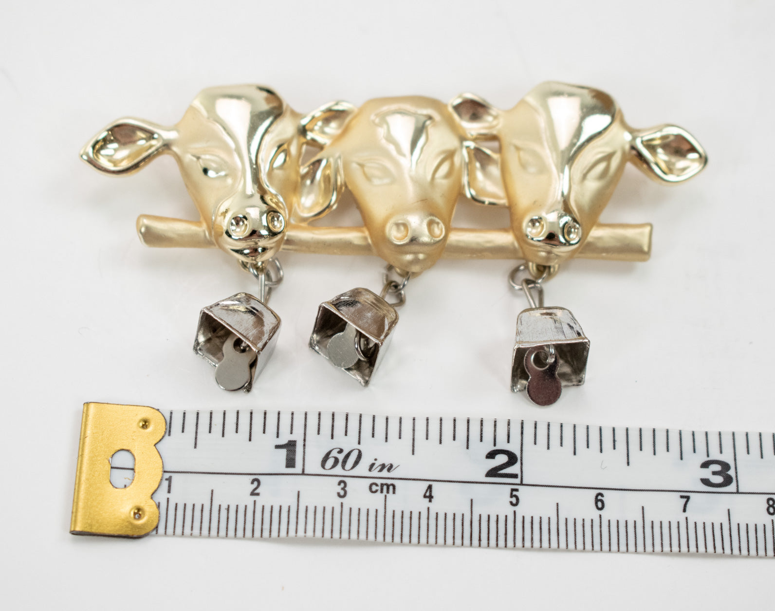 AJC Gold Tone Three Cows On A Fence W/ Bells Brooch Pin Used