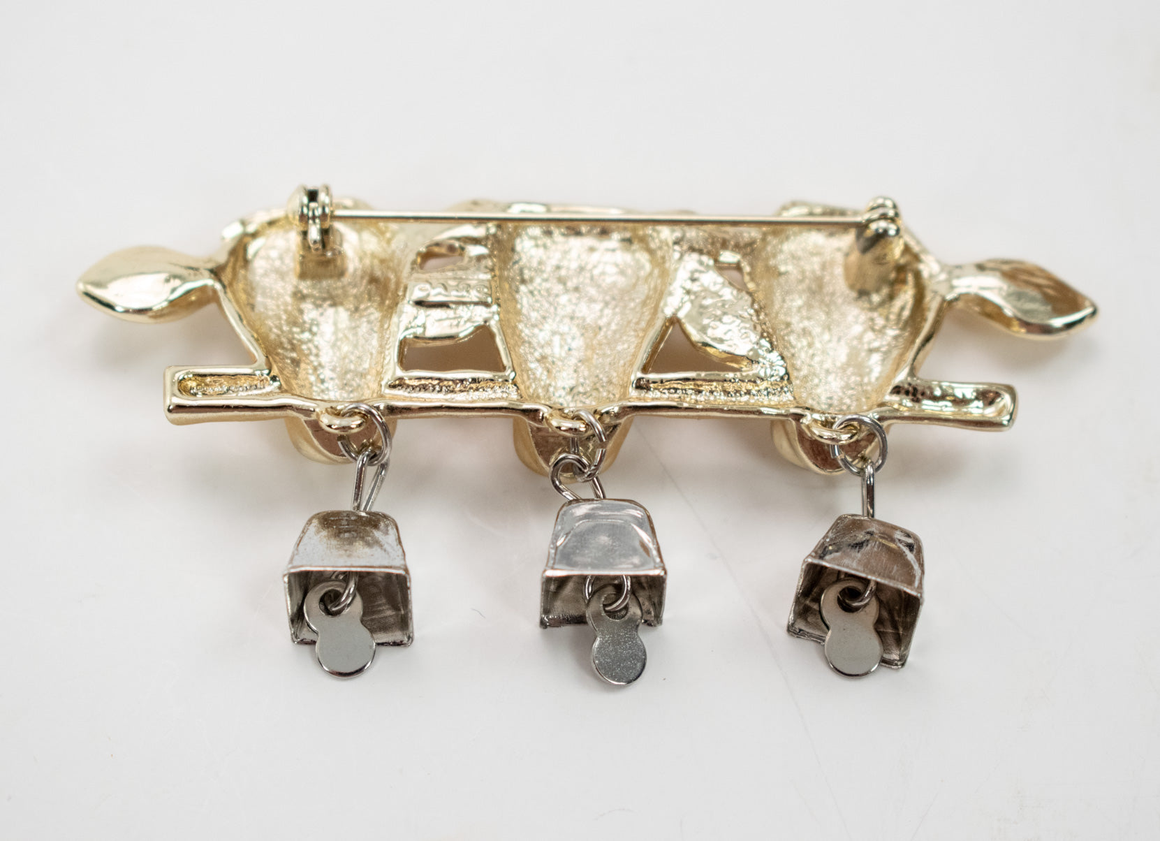 AJC Gold Tone Three Cows On A Fence W/ Bells Brooch Pin Used