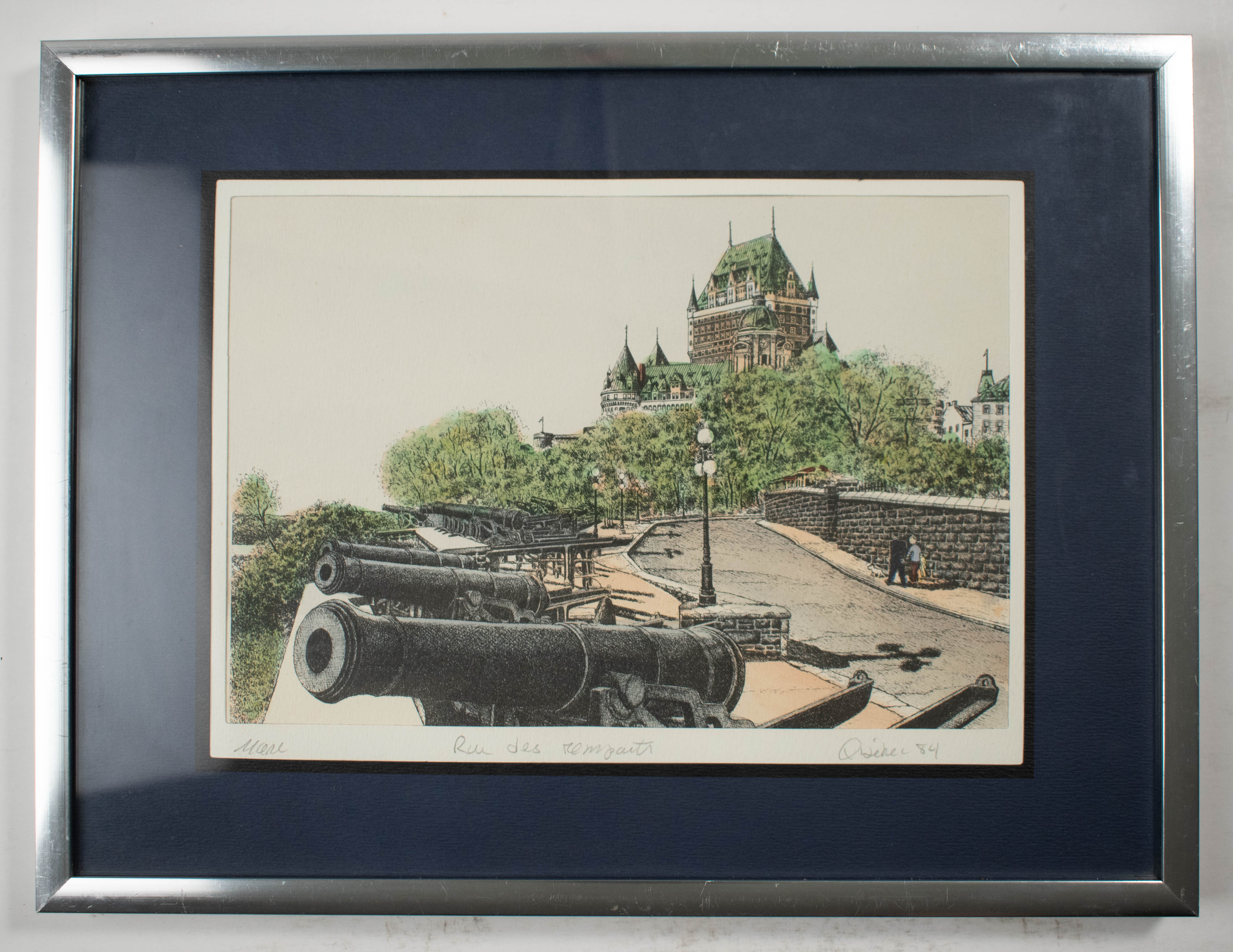 Alain Couture Hand Coloured Etching of the Remparts in Quebec Canada Framed