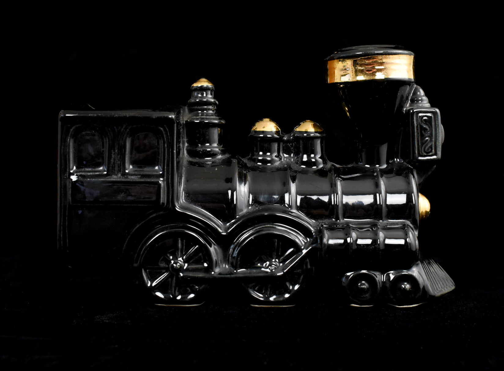 Black Train Ceramic Locomotive Planter Train Black and Gold Used
