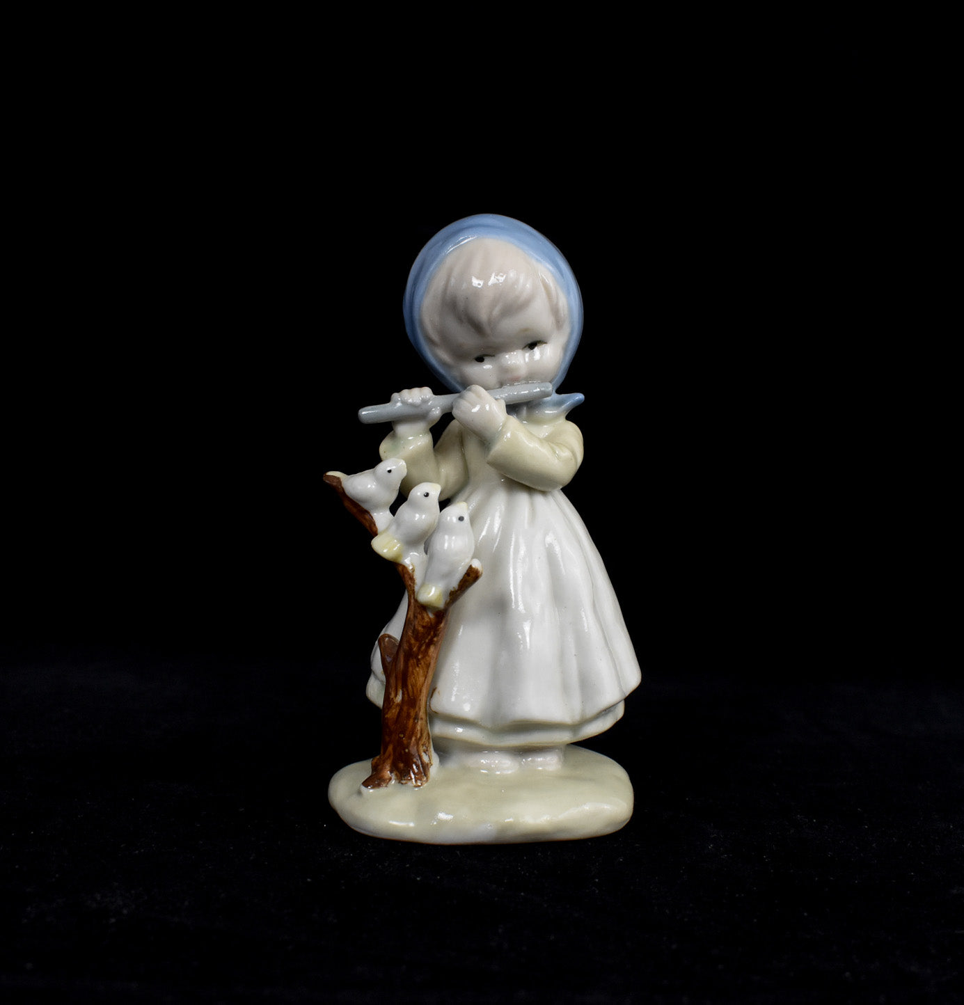 Ceramic Figurine Child Play The Flute Used Blue Hat & Birds Porcelain Used 5inch