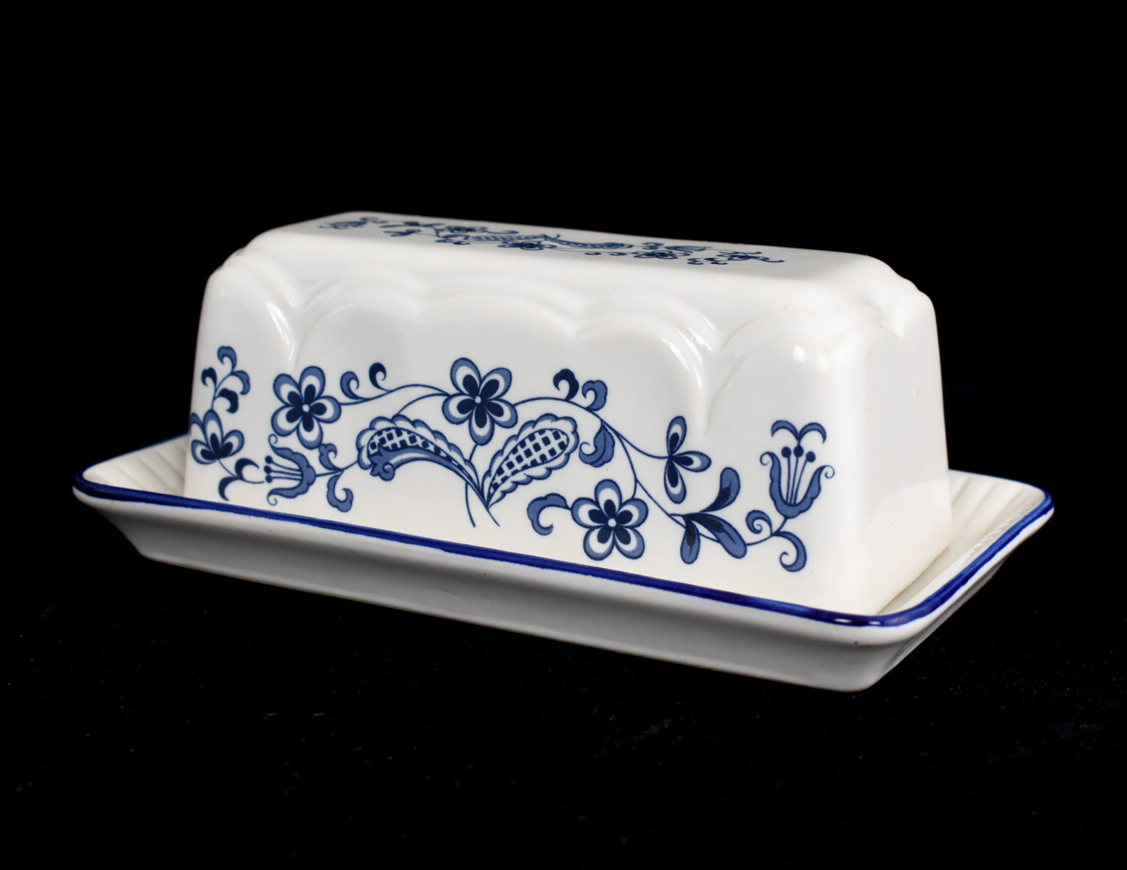 Vintage Blue & White Porcelain Japan Butter Dish Plate Used