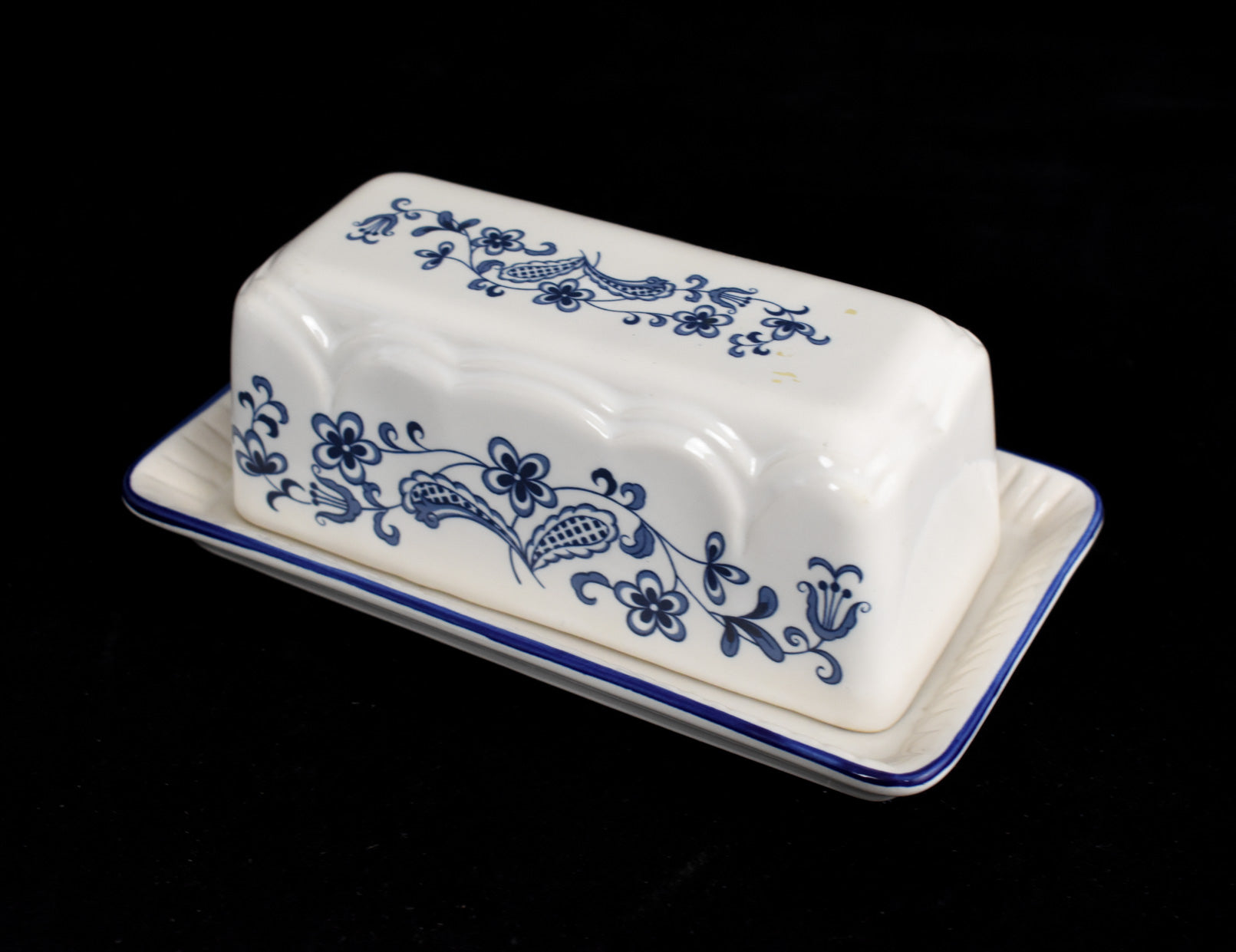 Vintage Blue & White Porcelain Japan Butter Dish Plate Used