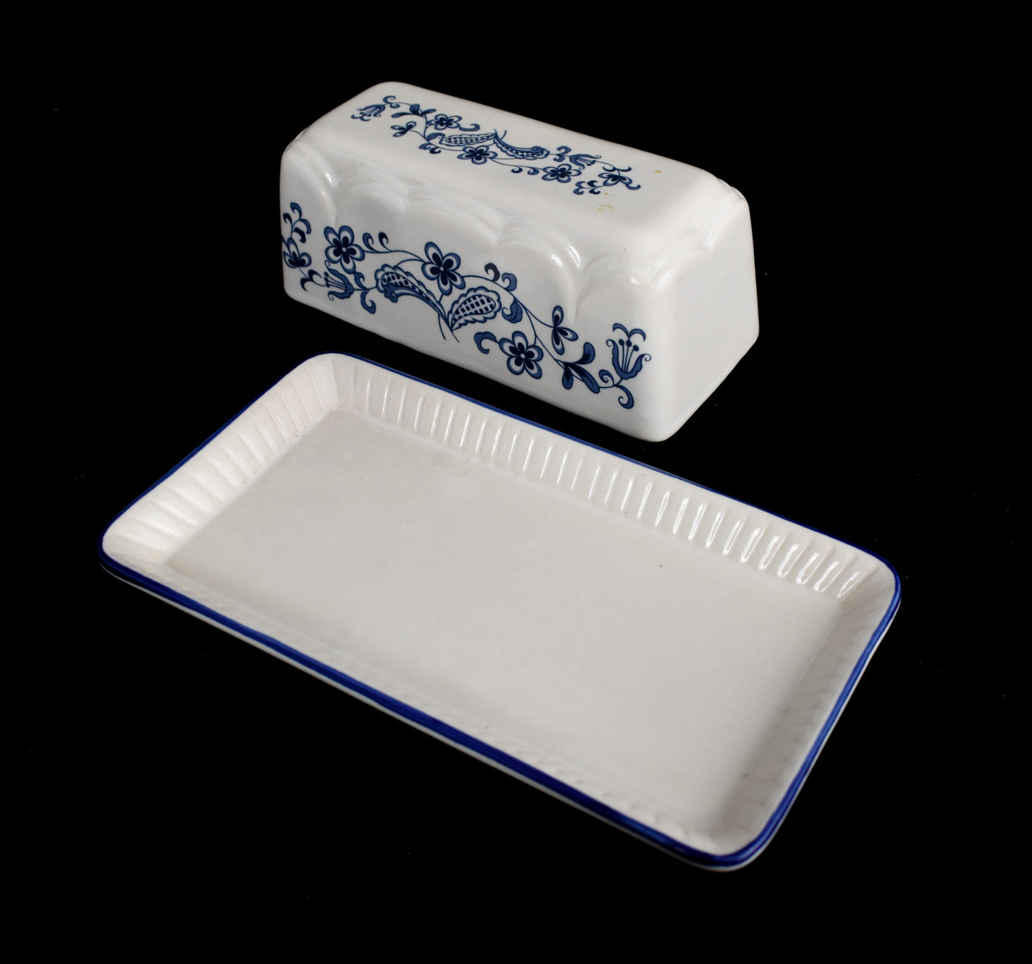 Vintage Blue & White Porcelain Japan Butter Dish Plate Used