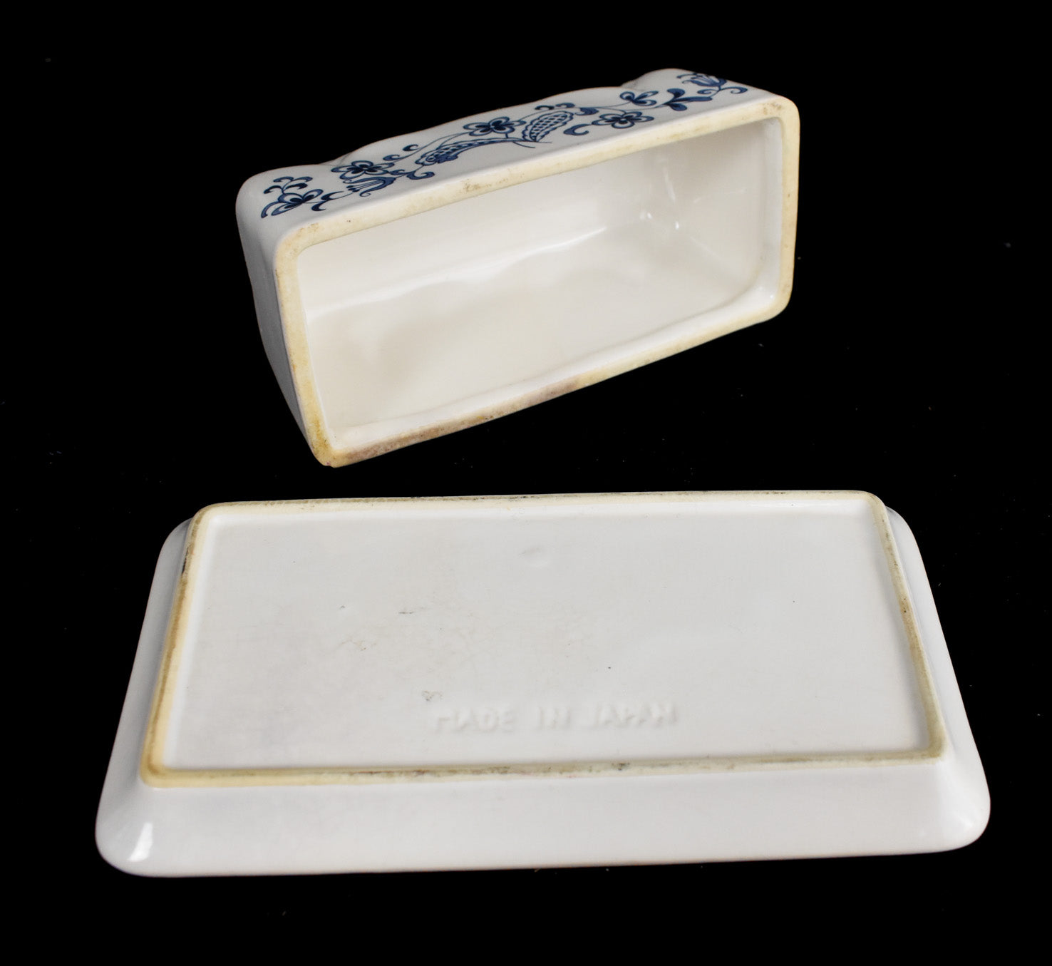 Vintage Blue & White Porcelain Japan Butter Dish Plate Used