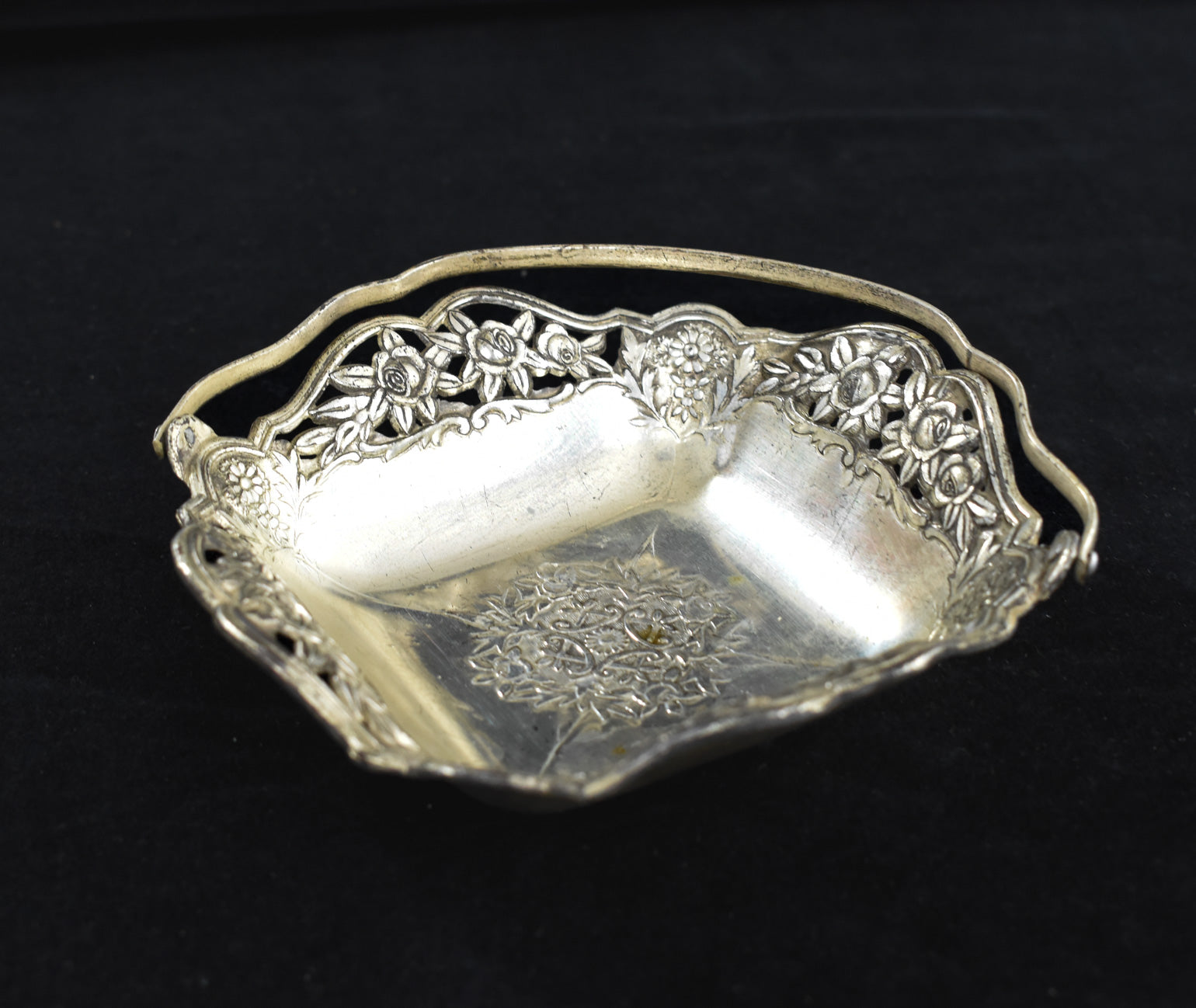 Metal Tray Bowl with Handle Made In Japan Vintage Silver Carrying Plate Used