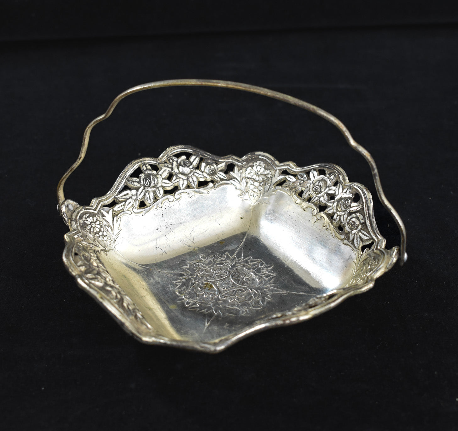 Metal Tray Bowl with Handle Made In Japan Vintage Silver Carrying Plate Used