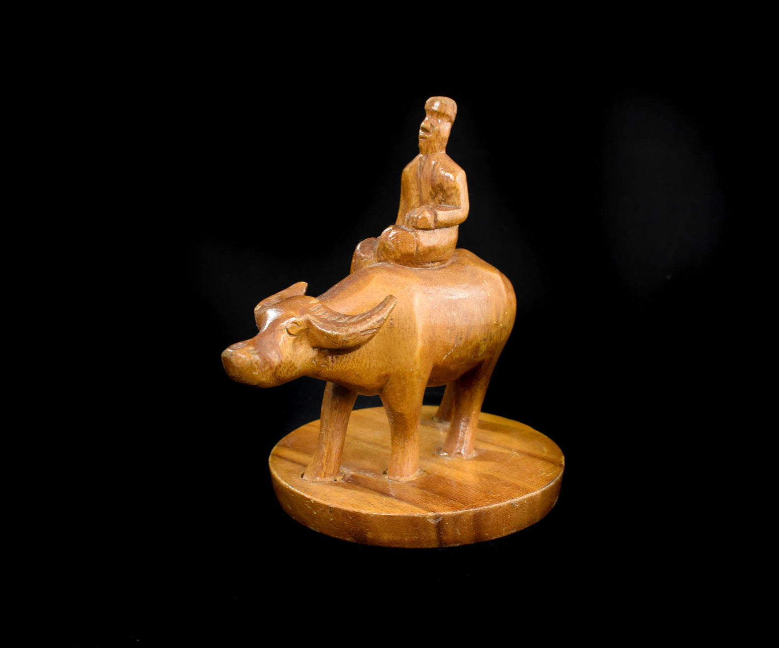 Hand Carved Wood Chinese Man on Water Buffalo Oxen Used Vintage Statue