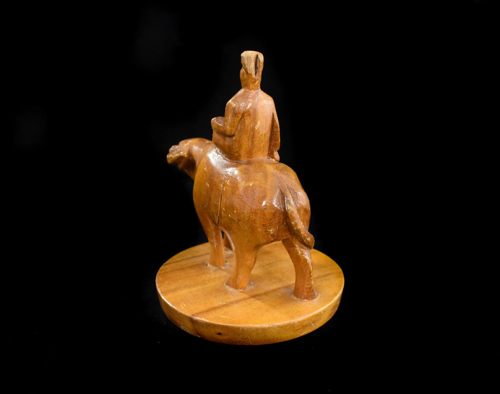 Hand Carved Wood Chinese Man on Water Buffalo Oxen Used Vintage Statue