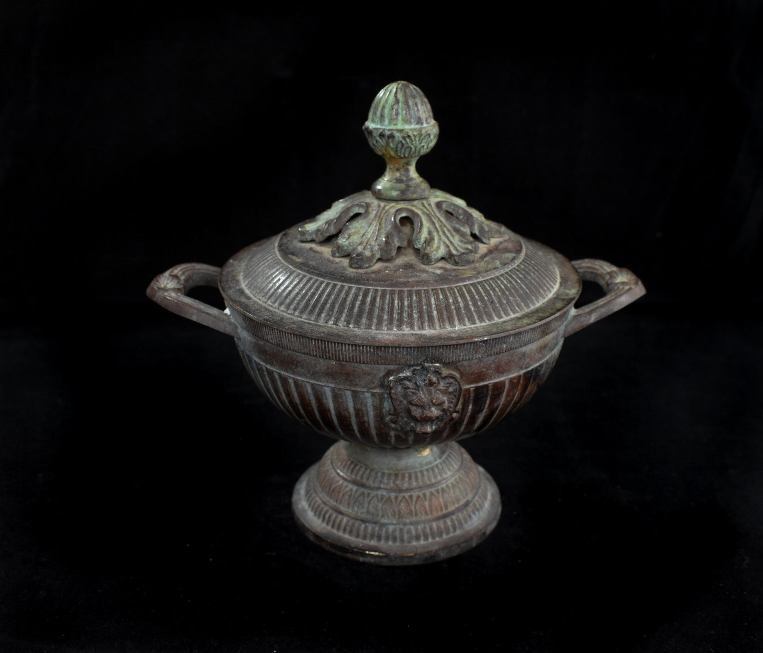 Brass Metal Bowl and Lid Pot Vintage Used Lions Face 19th Century