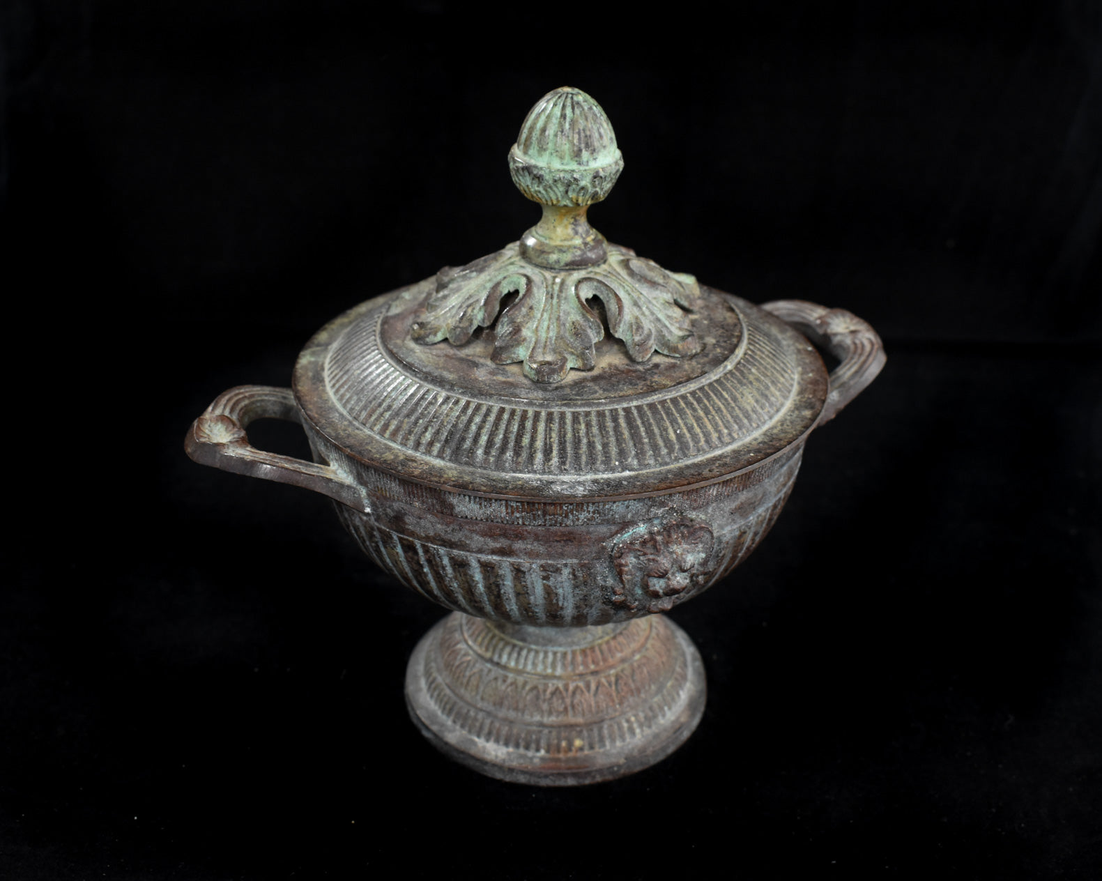 Brass Metal Bowl and Lid Pot Vintage Used Lions Face 19th Century