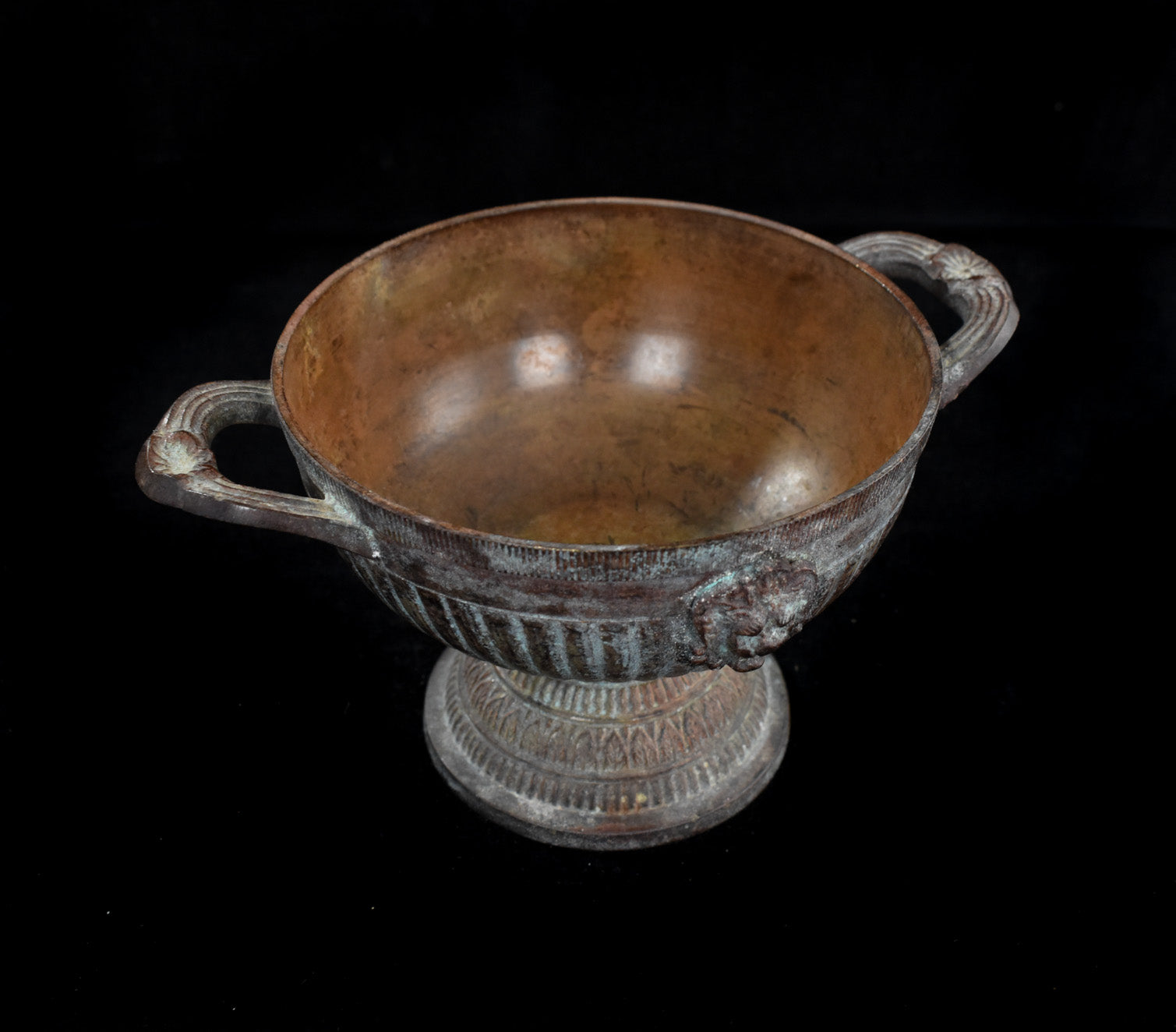 Brass Metal Bowl and Lid Pot Vintage Used Lions Face 19th Century