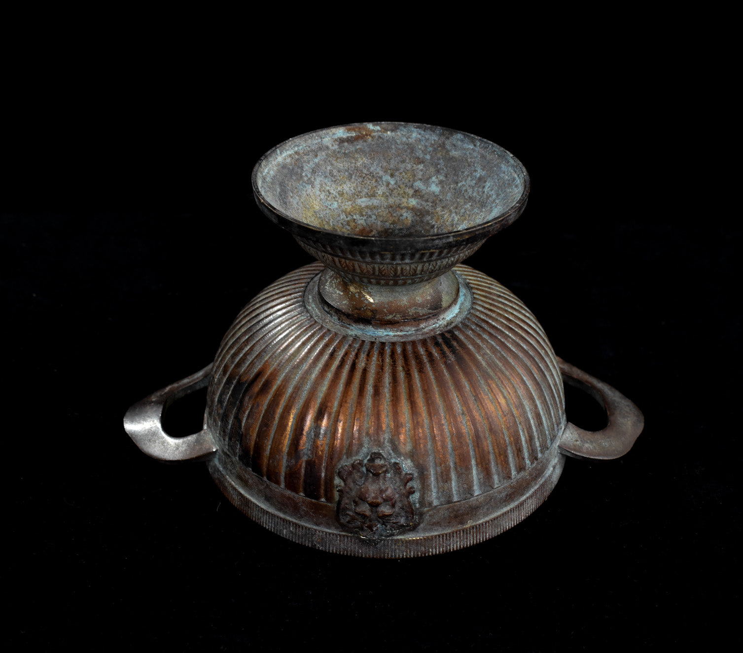 Brass Metal Bowl and Lid Pot Vintage Used Lions Face 19th Century