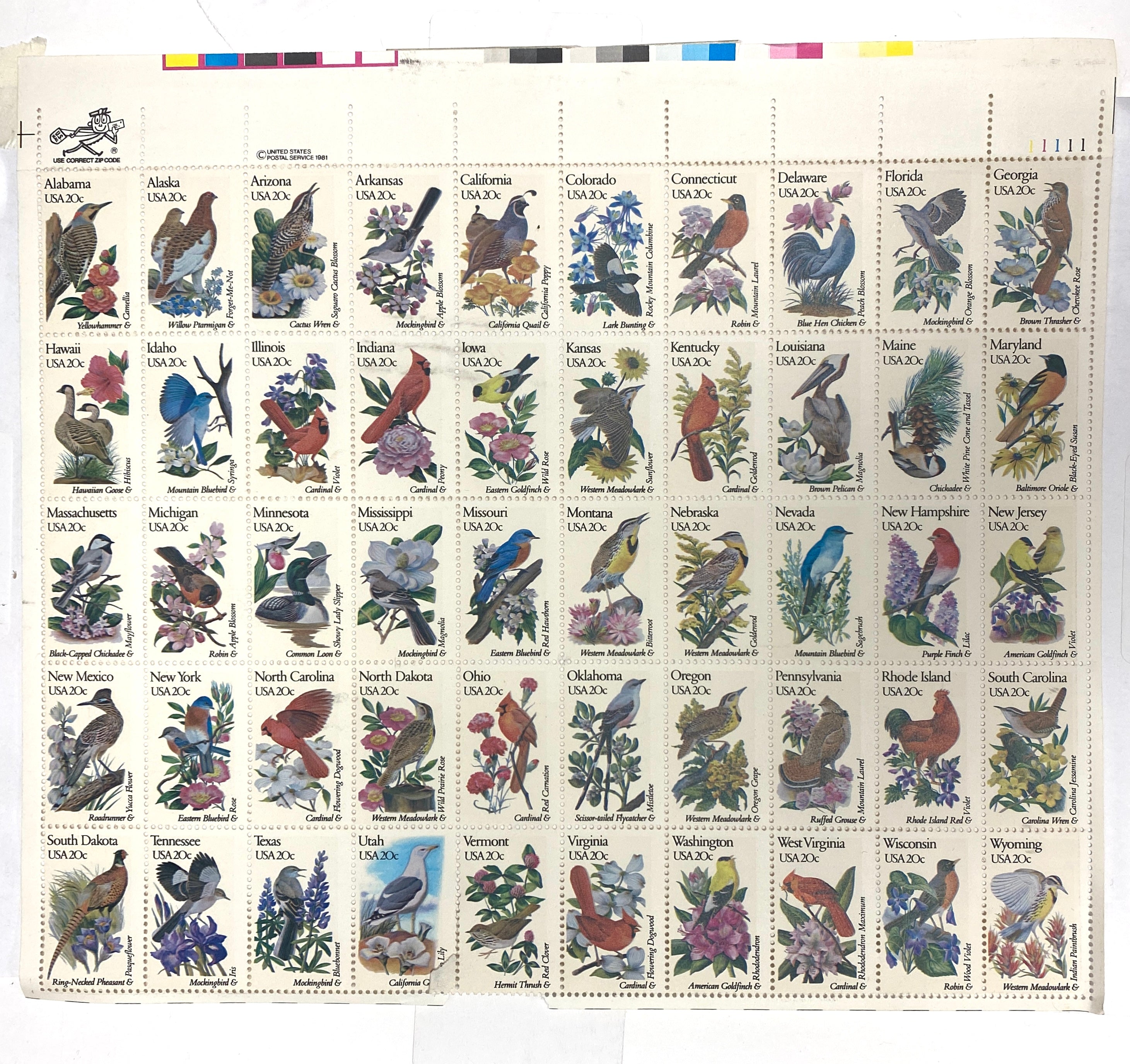 Vintage Original USPS Stamps US #2002Ac Sheet Error Bottom Row NO STATE