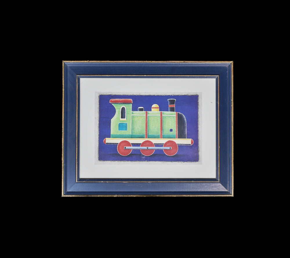 Train Artwork Blue Gold Wooden Framed Picture Vintage Art Group Limited Edition 15x19"
