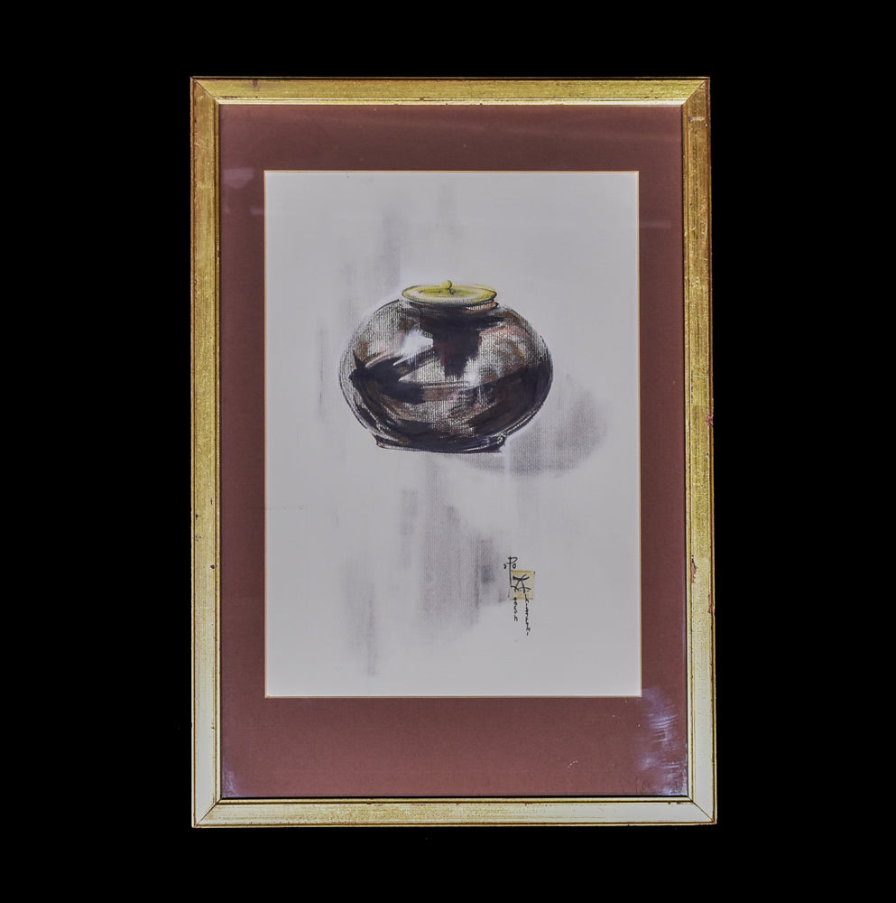 Asian Pot Artwork 21x15" Charcoal Tea Pot Sketch Framed