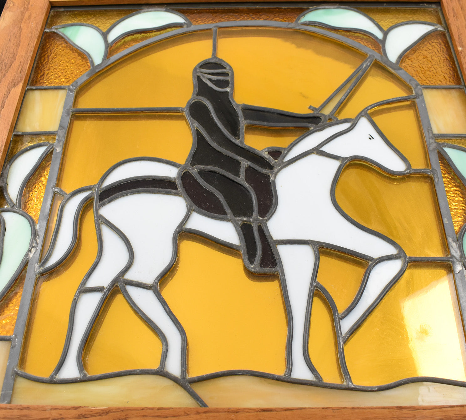 Stained Glass Carrousel Panel Framed Knight & White Horse Large Heavy