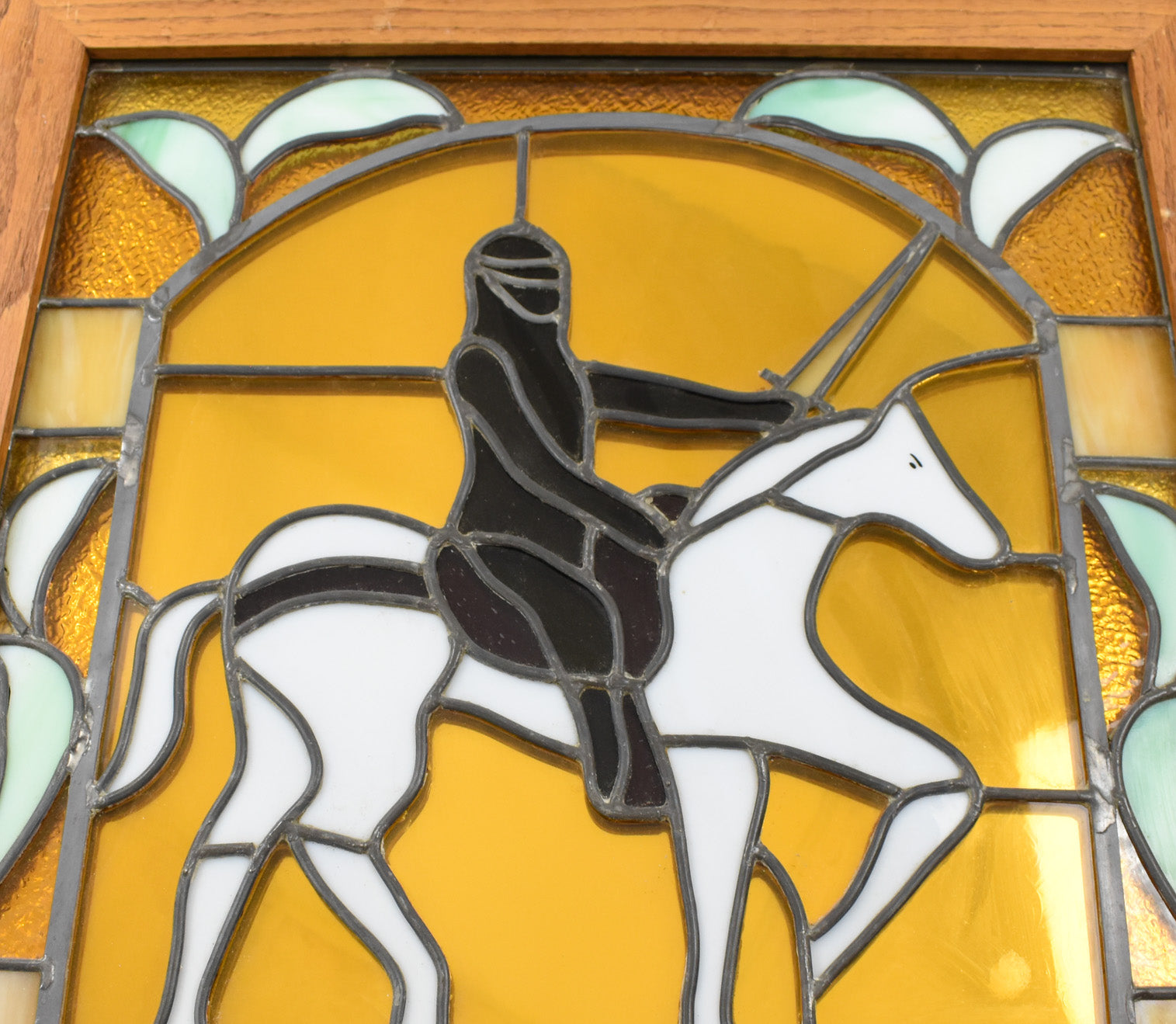 Stained Glass Carrousel Panel Framed Knight & White Horse Large Heavy