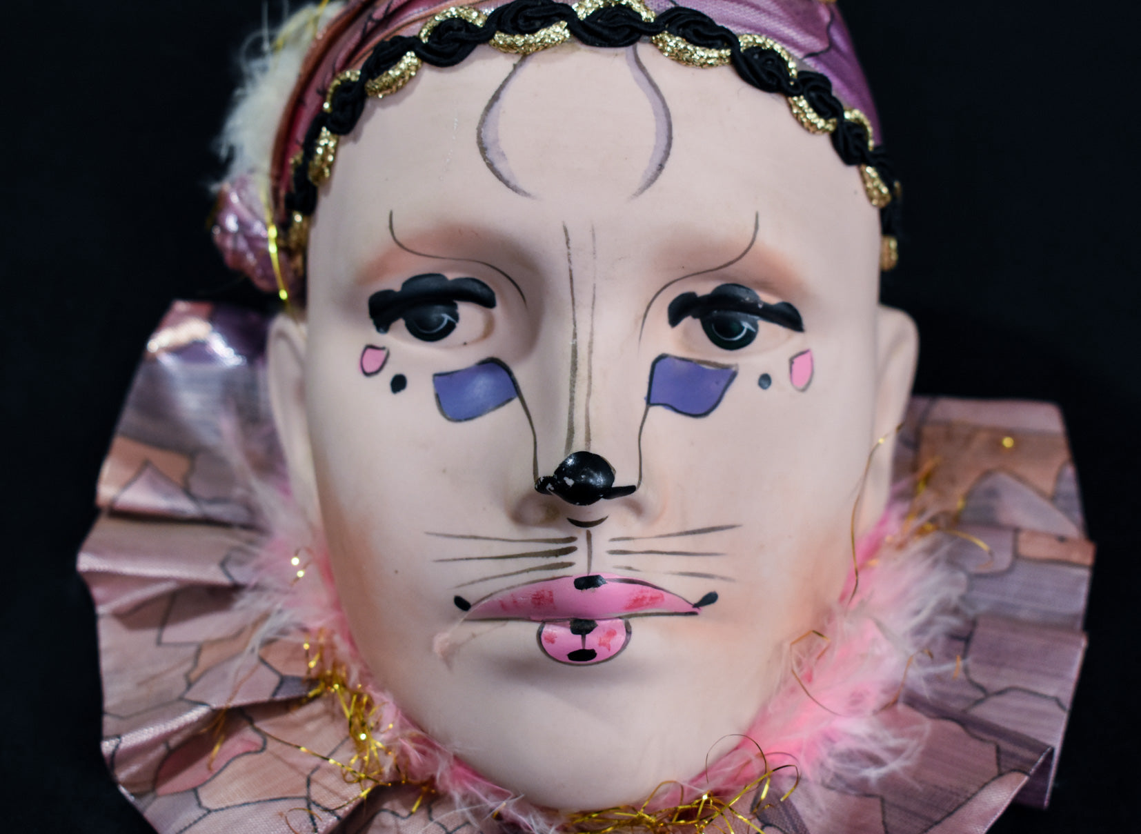 Vintage Mardi Gras Porcelain Ceramic Cat Painted Face Wall Hanging Woman Face Used