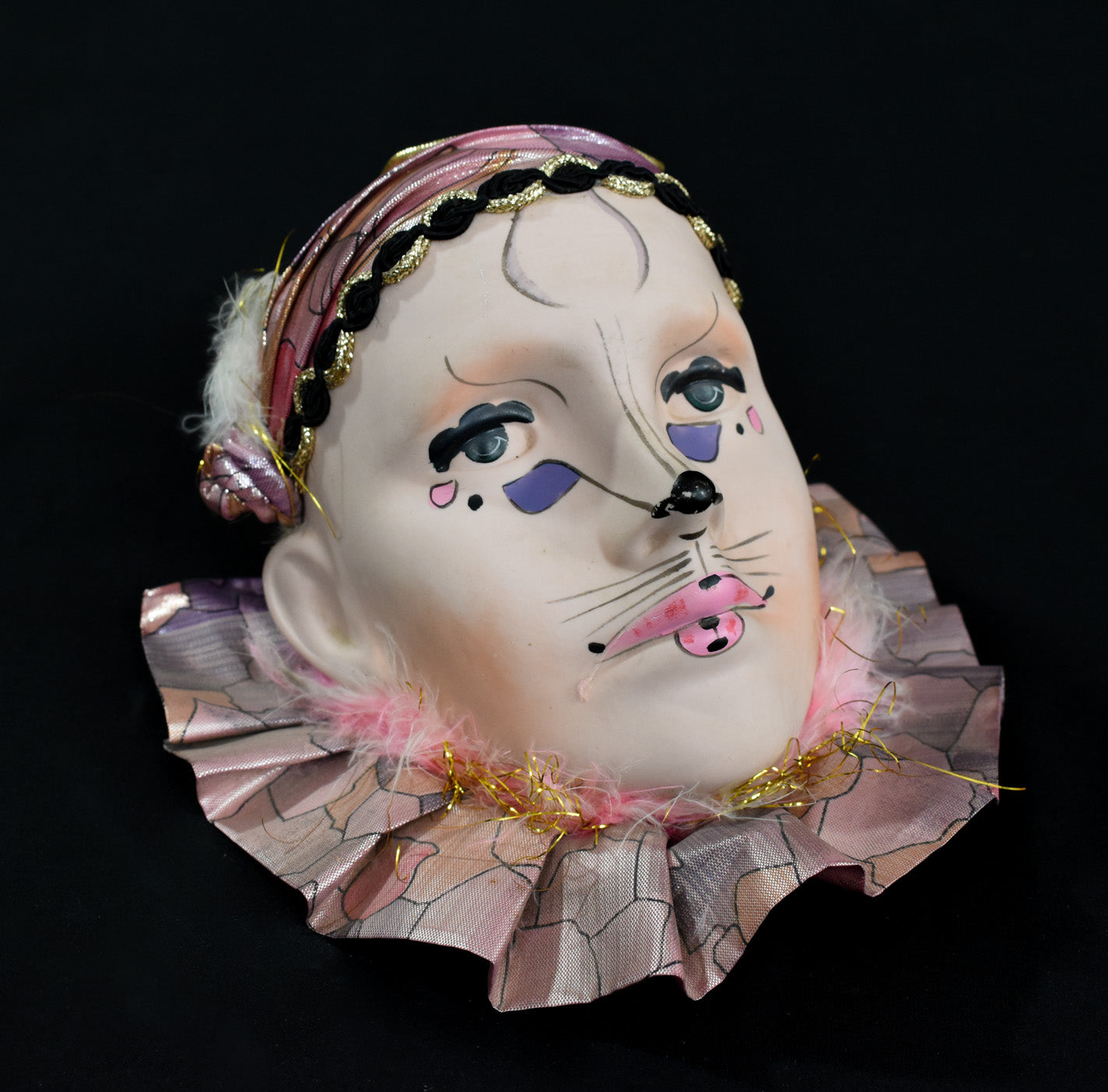 Vintage Mardi Gras Porcelain Ceramic Cat Painted Face Wall Hanging Woman Face Used