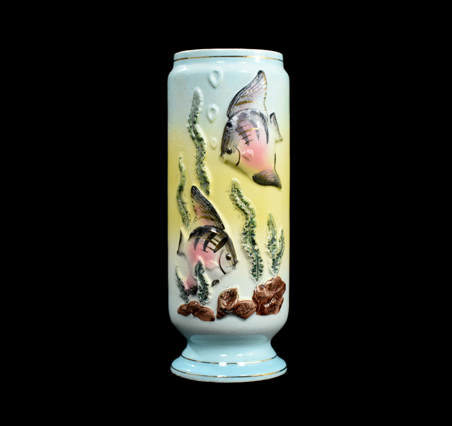 Ceramic Vase Fish Ocean themed 9In Used MADE IN JAPAN
