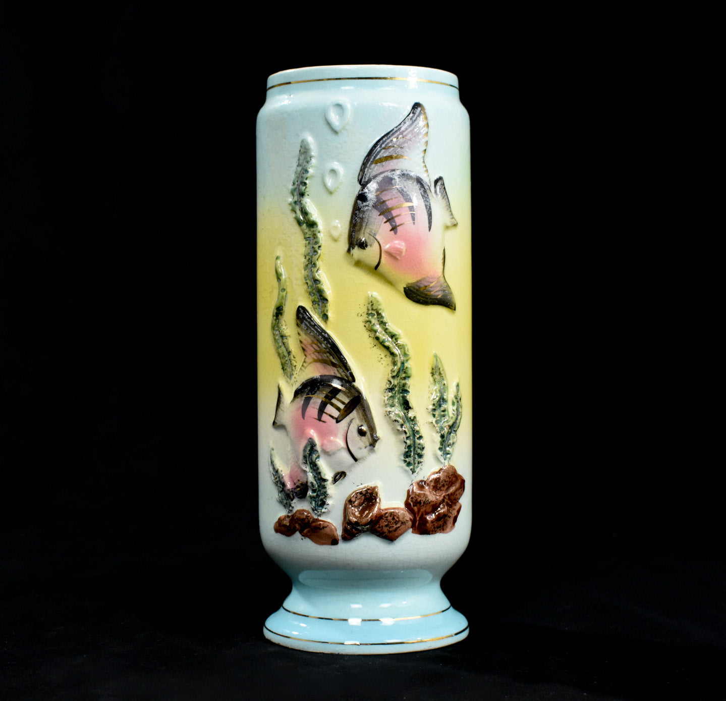 Ceramic Vase Fish Ocean themed 9In Used MADE IN JAPAN
