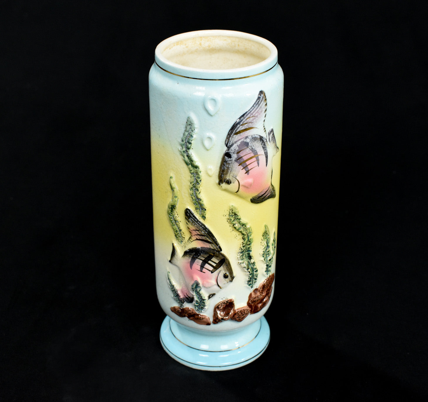 Ceramic Vase Fish Ocean themed 9In Used MADE IN JAPAN
