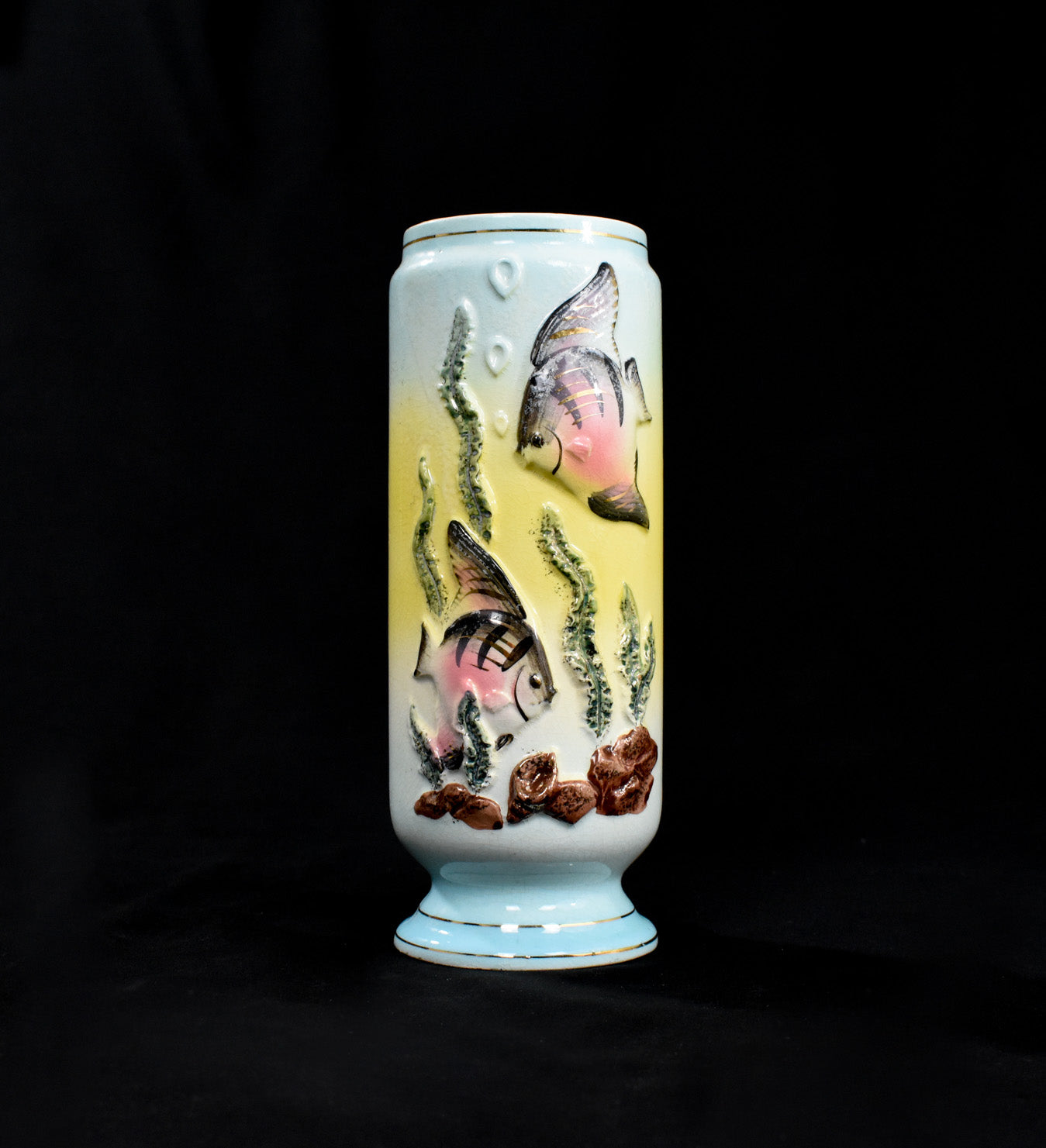 Ceramic Vase Fish Ocean themed 9In Used MADE IN JAPAN