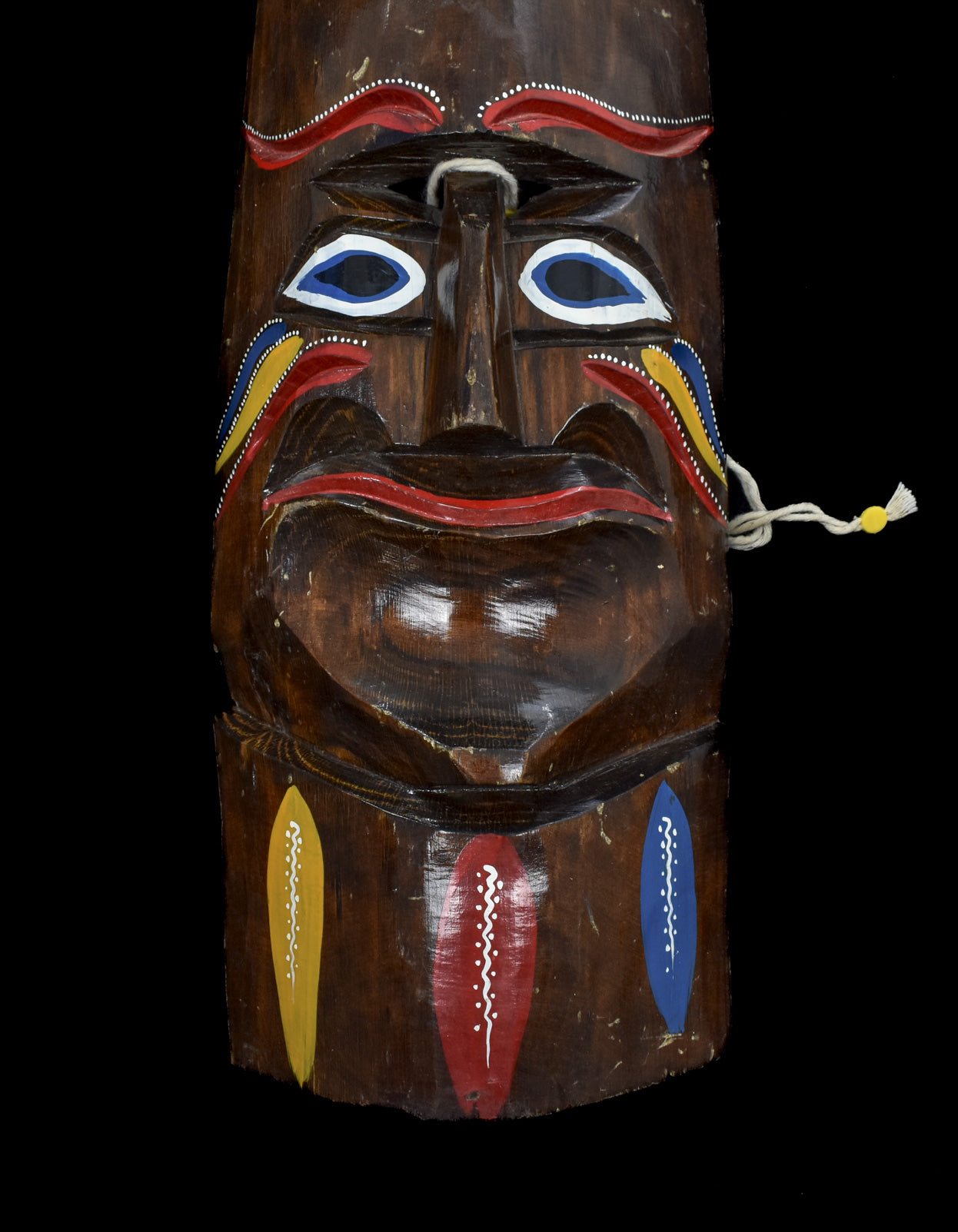 Tiki Mask Wood Artwork Handcrafted Vintage Mask Used Yellow Red Blue